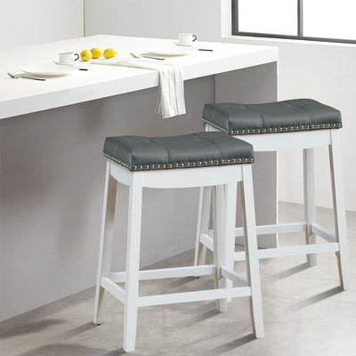 Set of 2 Nailhead Saddle Bar Stools-WhiteÂ 