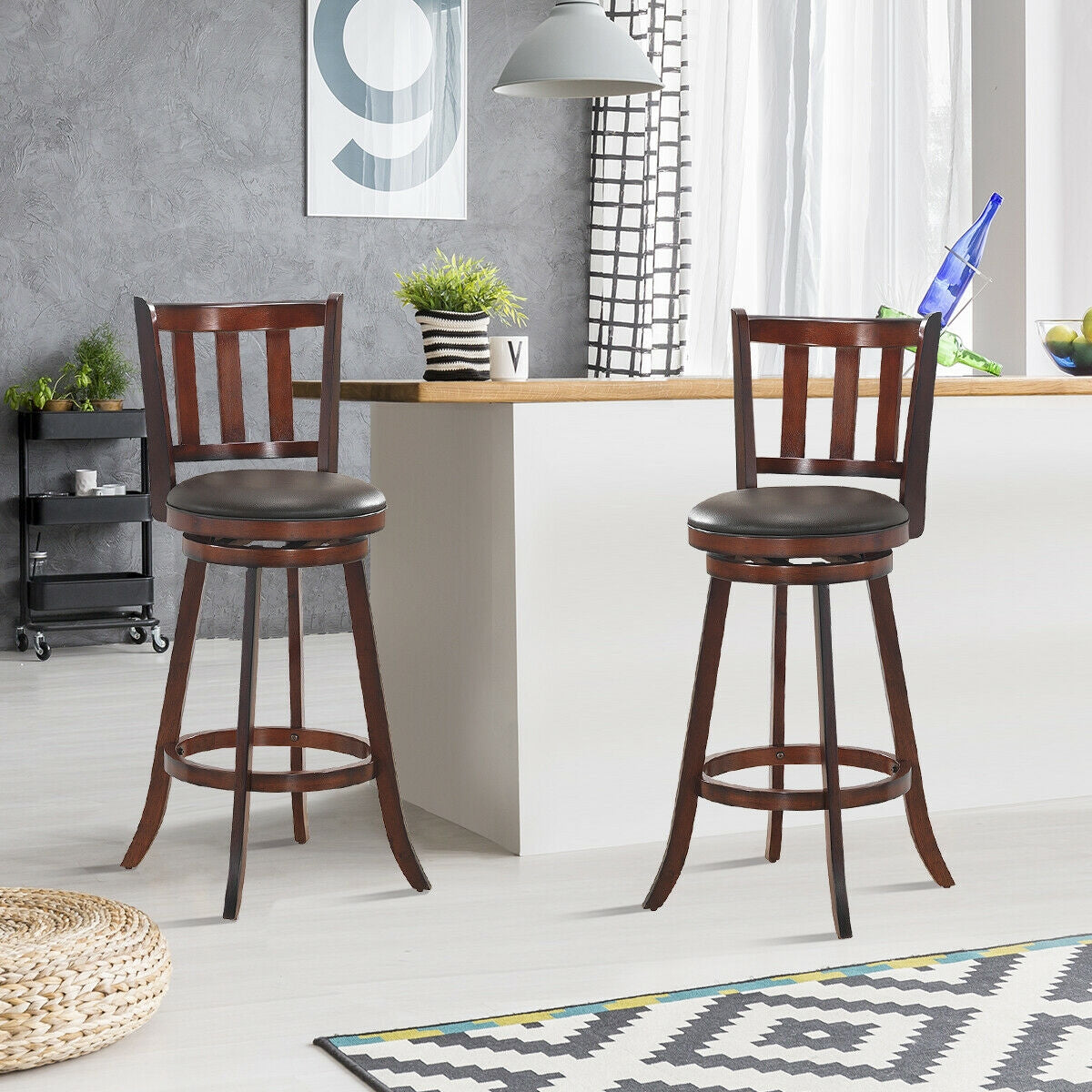 Set of 2 Wood Swivel Counter Height Dining Pub Bar Stools with PVC Cushioned Seat-29 Inch