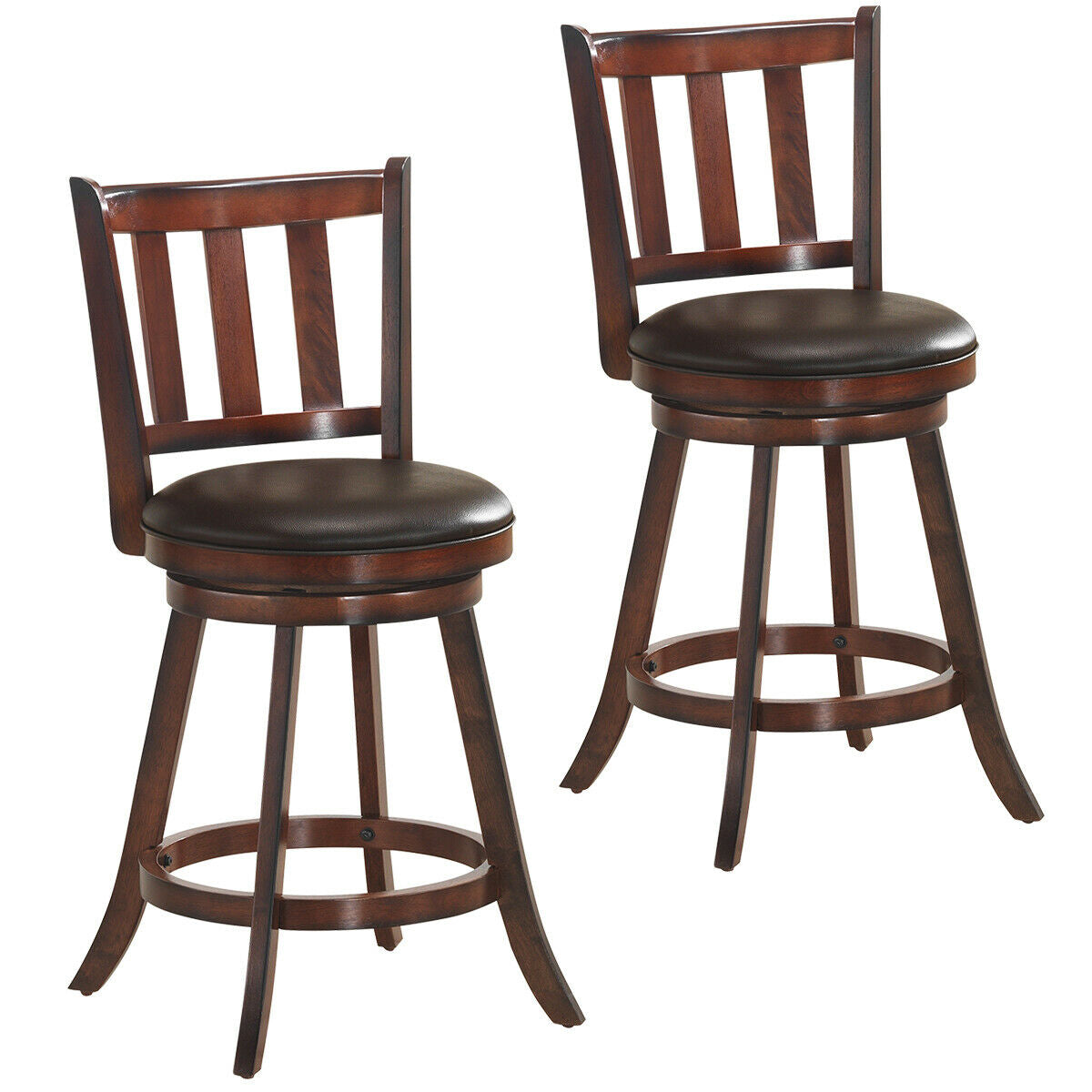 Set of 2 Wood Swivel Counter Height Dining Pub Bar Stools with PVC Cushioned Seat-25 Inch