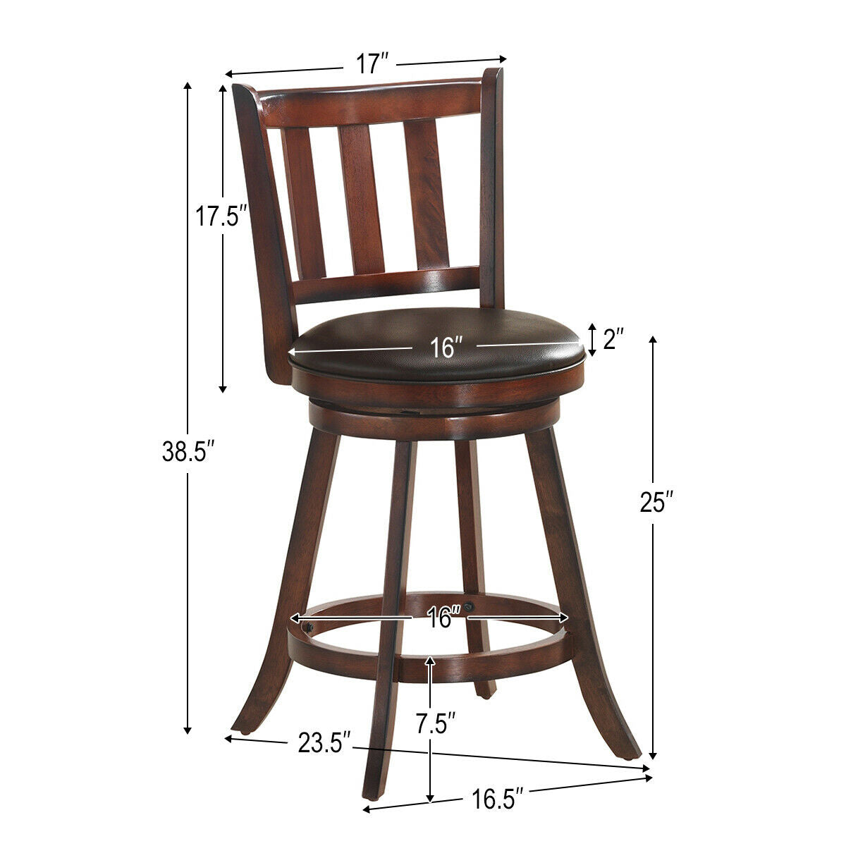 Set of 2 Wood Swivel Counter Height Dining Pub Bar Stools with PVC Cushioned Seat-25 Inch