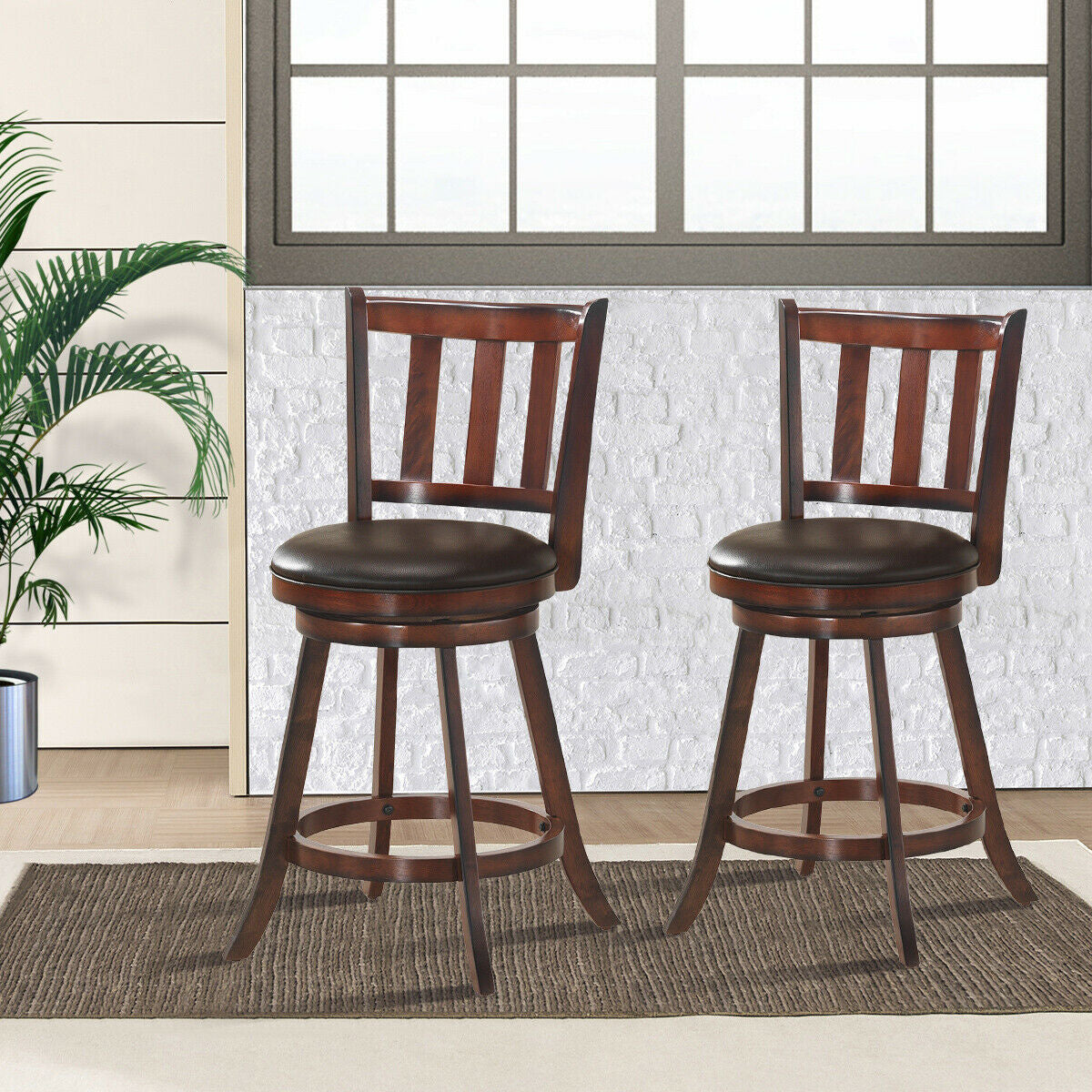 Set of 2 Wood Swivel Counter Height Dining Pub Bar Stools with PVC Cushioned Seat-25 Inch