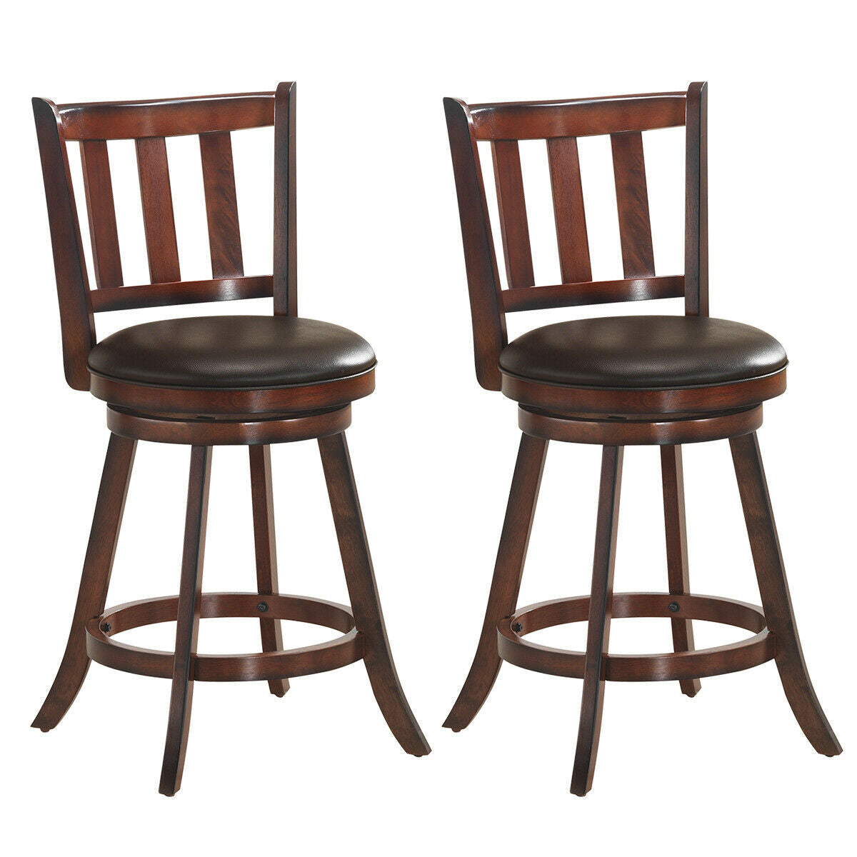 Set of 2 Wood Swivel Counter Height Dining Pub Bar Stools with PVC Cushioned Seat-25 Inch