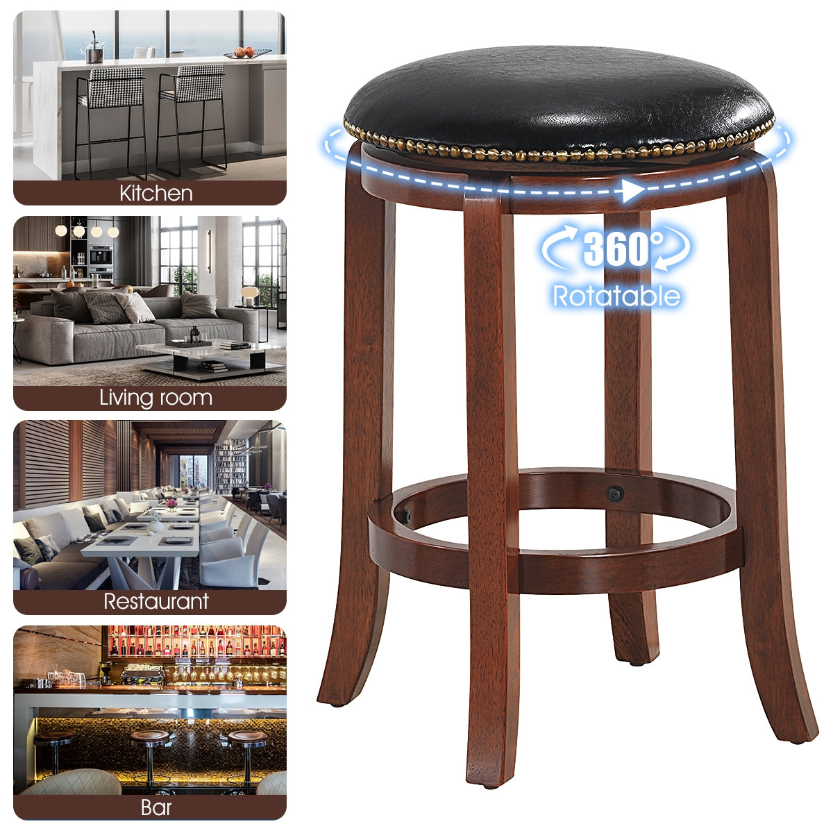 24 Inch Bistro Leather Padded  Backless Swivel Bar stool