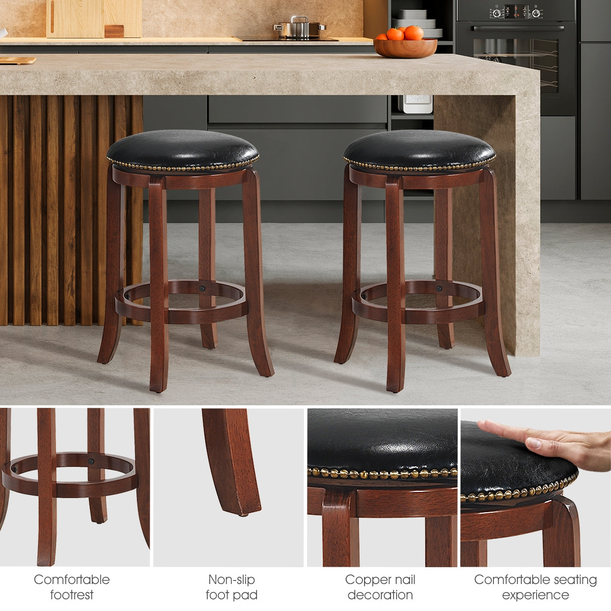 24 Inch Bistro Leather Padded  Backless Swivel Bar stool