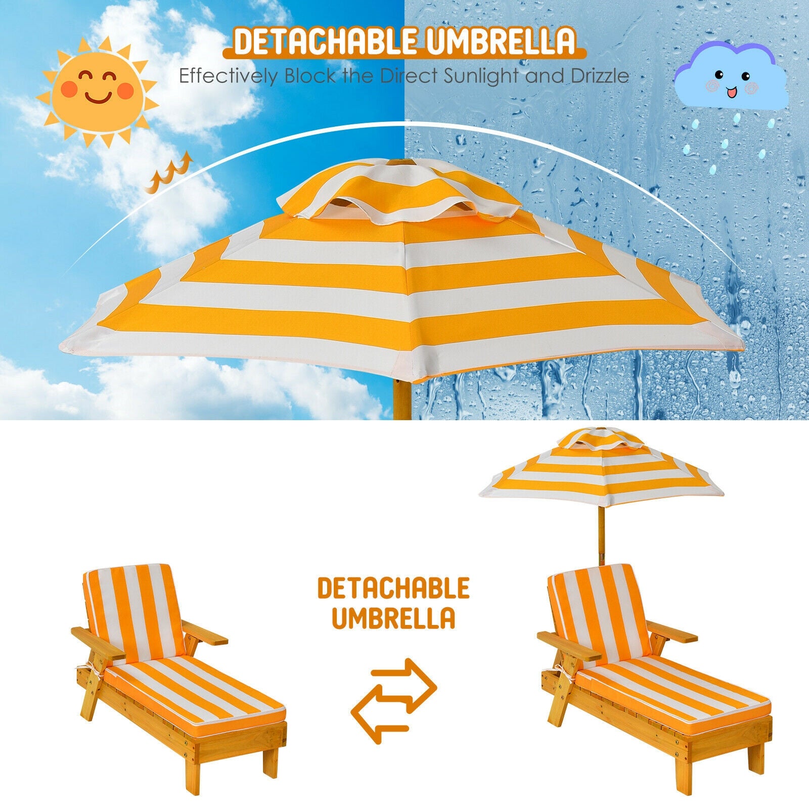 Kids Outdoor Wood Lounge Chair with Height Adjustable Umbrella