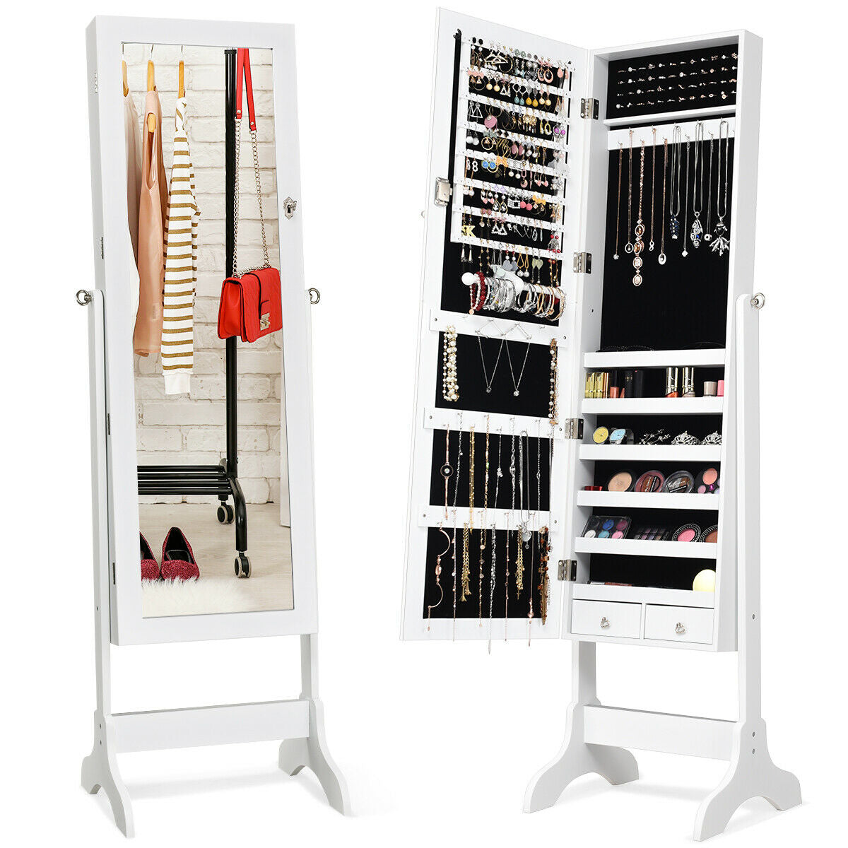 Lockable Mirrored Jewelry Cabinet Armoire Storage Organizer Box-White