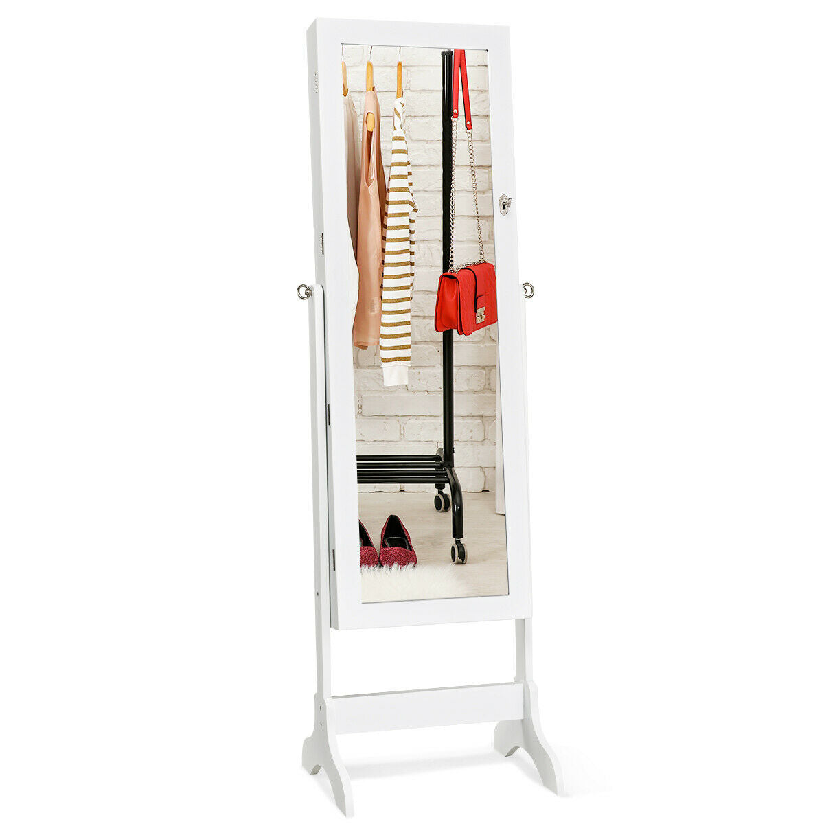 Lockable Mirrored Jewelry Cabinet Armoire Storage Organizer Box-White