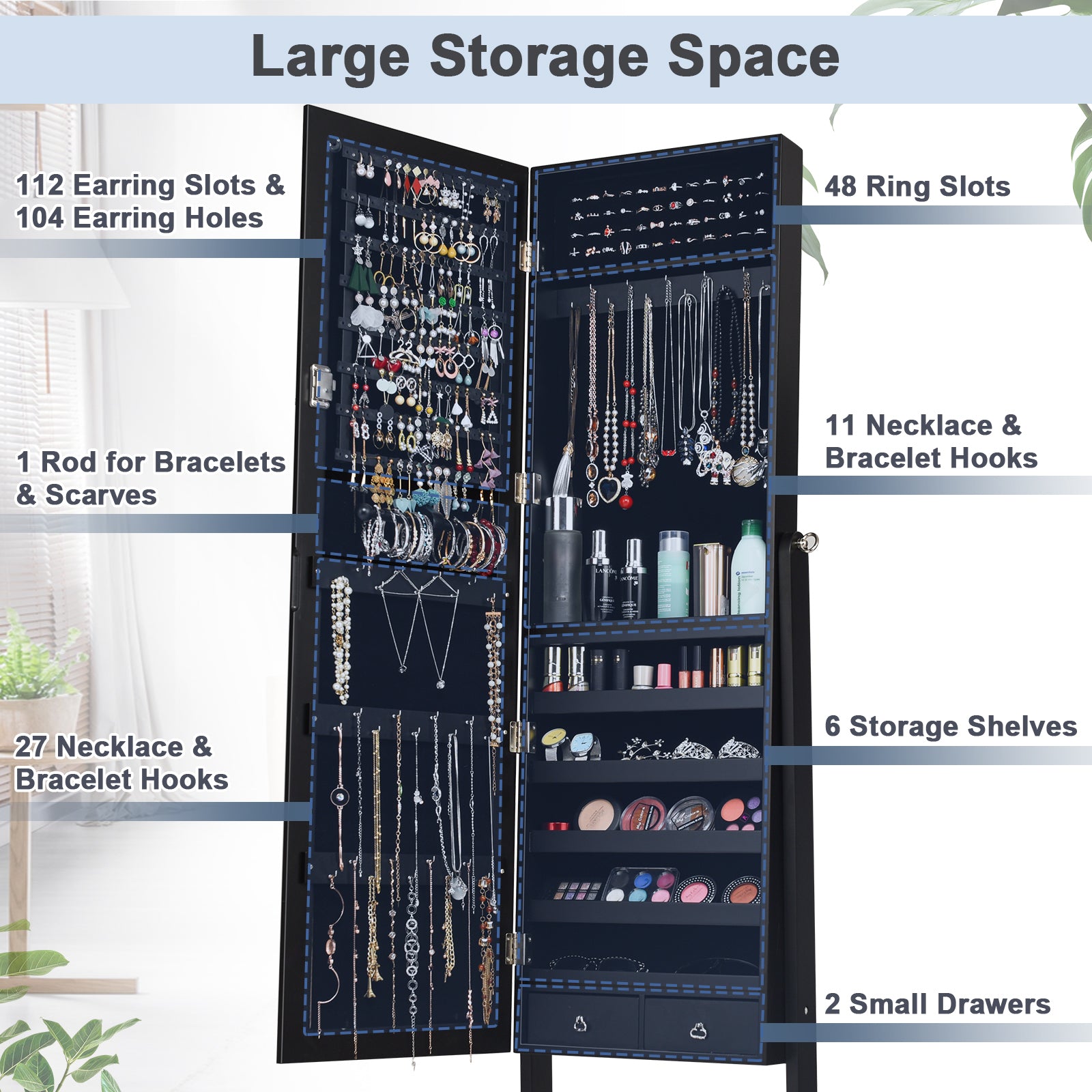 Lockable Mirrored Jewelry Cabinet Armoire Storage Organizer Box-Black