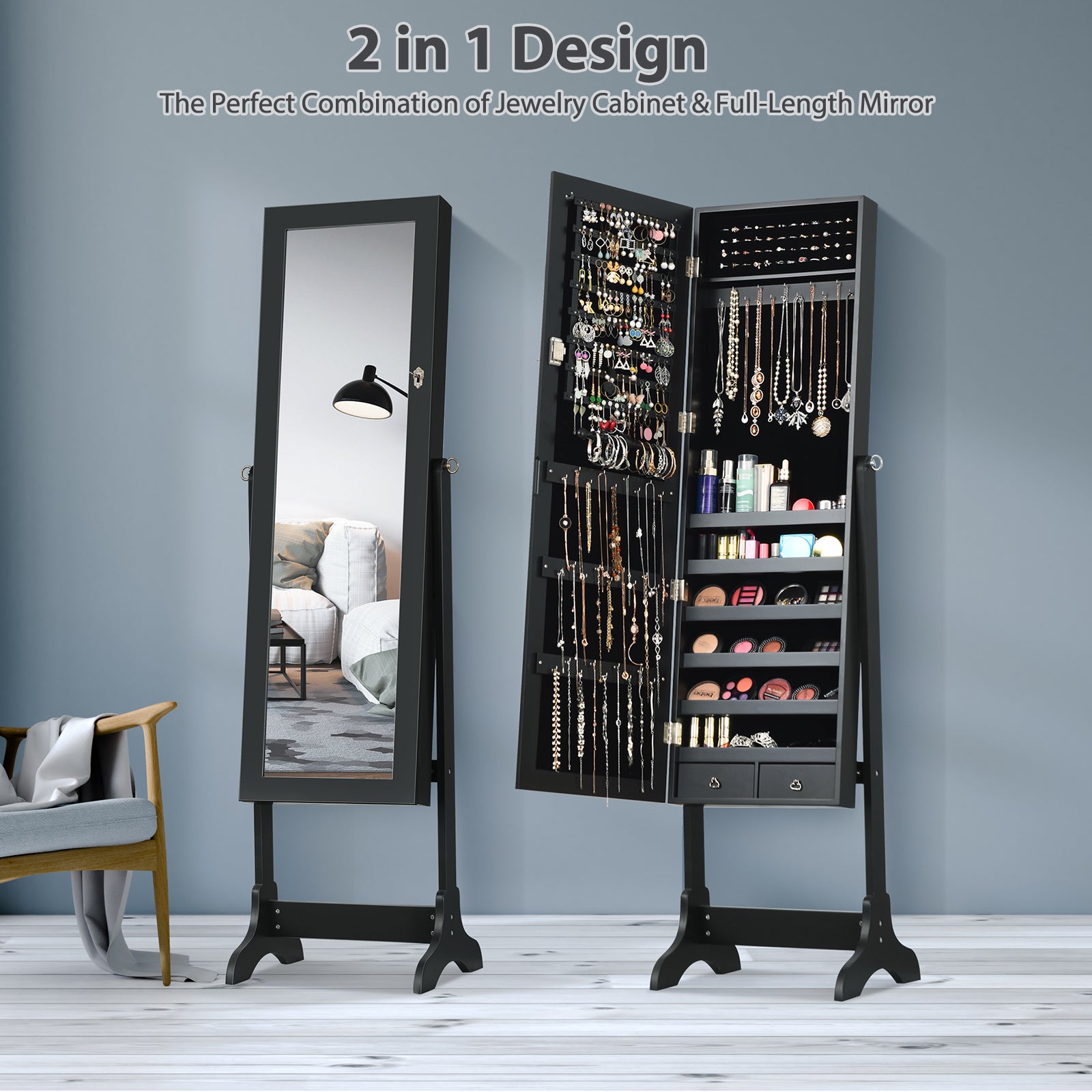 Lockable Mirrored Jewelry Cabinet Armoire Storage Organizer Box-Black