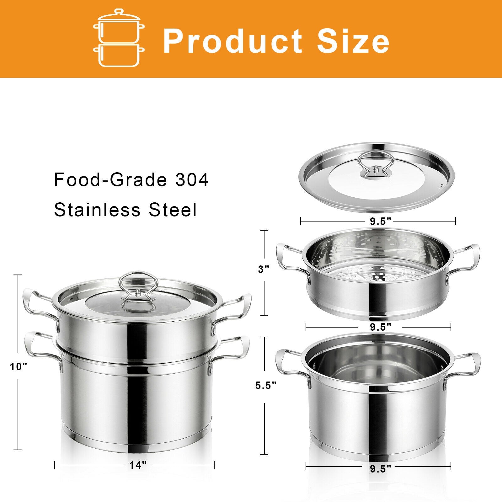 2/3 Tier Stainless Steel Steamer with Handles and Glass Lid-2-Tier