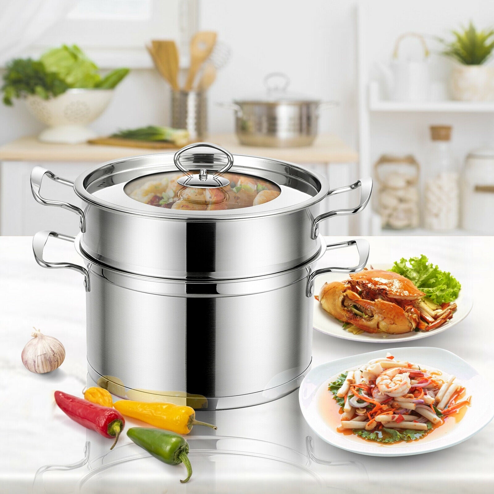 2/3 Tier Stainless Steel Steamer with Handles and Glass Lid-2-Tier