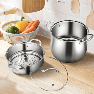 2-Tier Steamer Pot Saucepot Stainless Steel with Tempered Glass LidÂ 