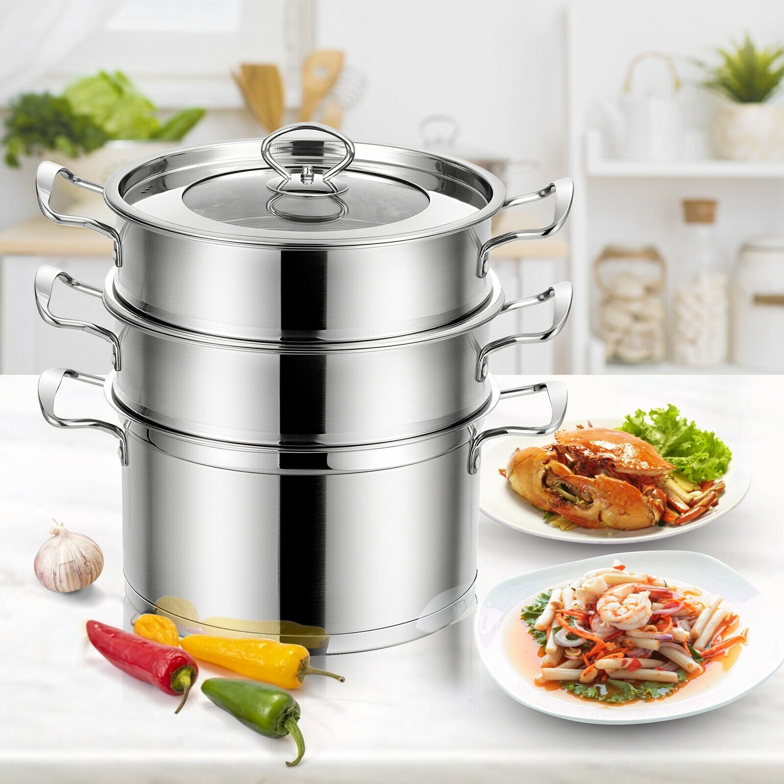 2/3 Tier Stainless Steel Steamer with Handles and Glass Lid-3-Tier