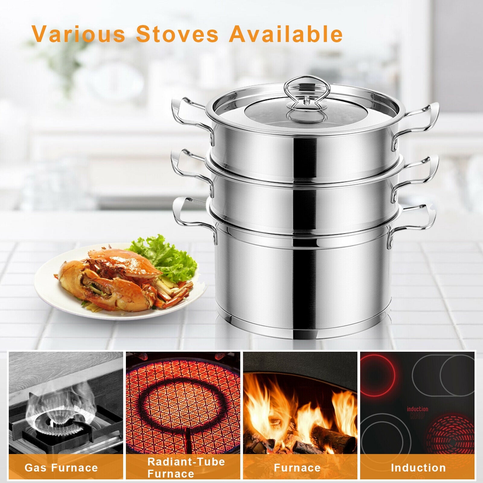 2/3 Tier Stainless Steel Steamer with Handles and Glass Lid-3-Tier