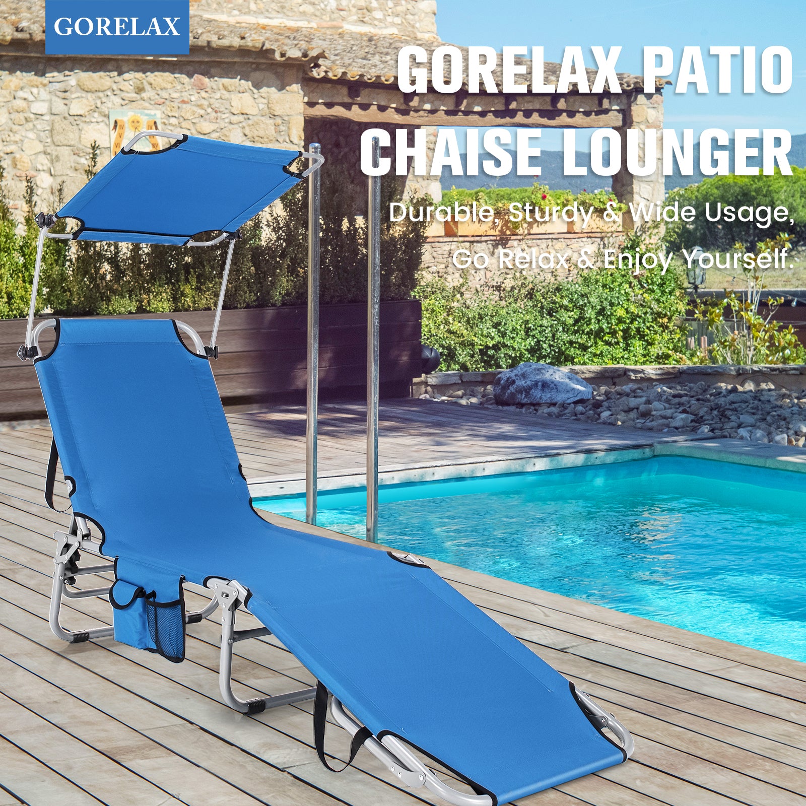 Adjustable Outdoor Beach Patio Pool Recliner with Sun Shade-Navy