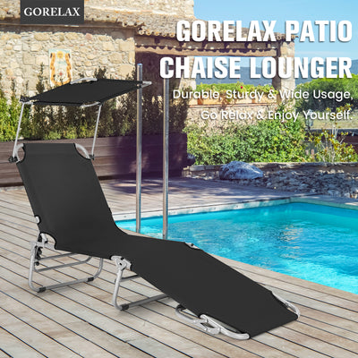 Adjustable Outdoor Beach Patio Pool Recliner with Sun Shade-BlackÂ 