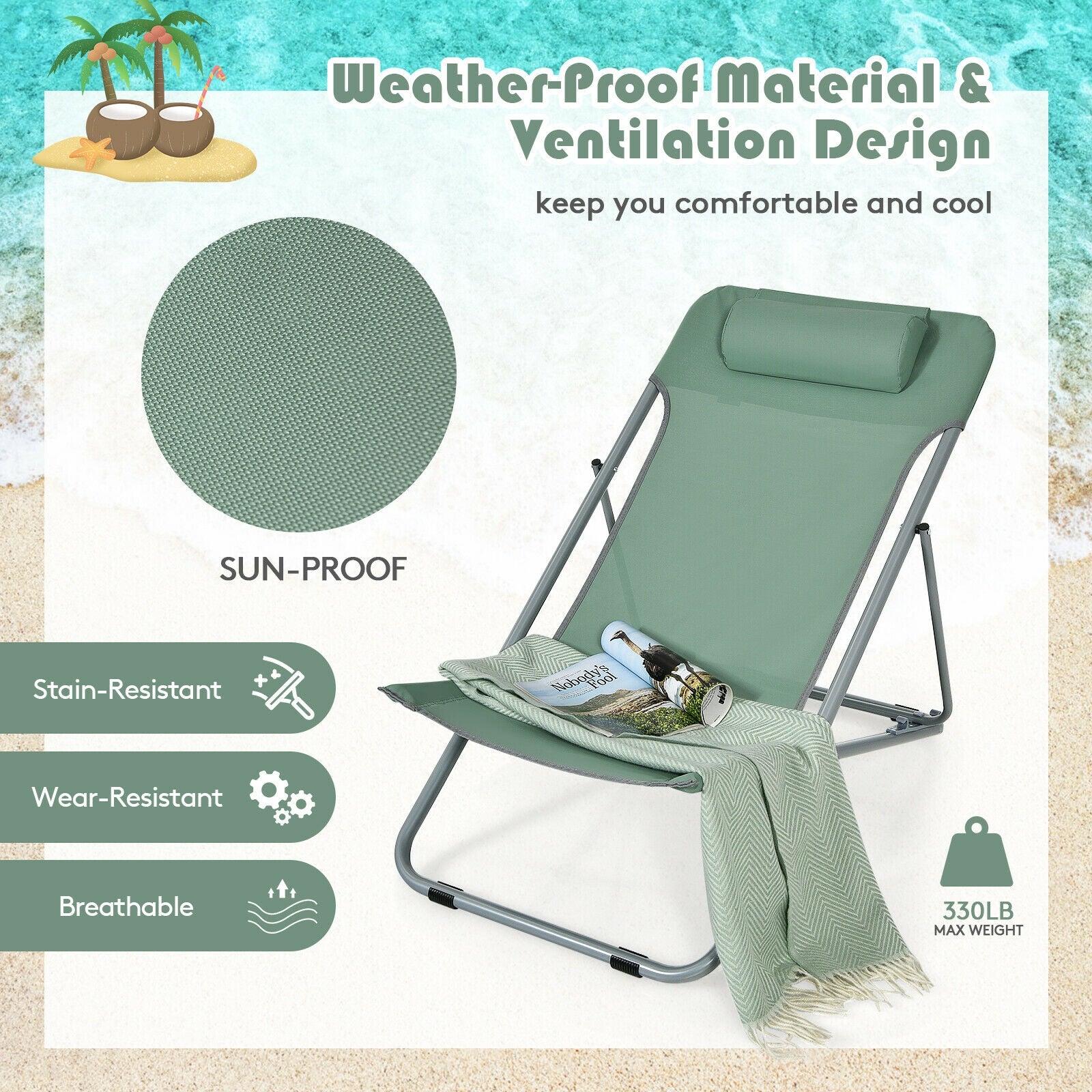 Portable Beach Chair Set of 2 with Headrest -Green