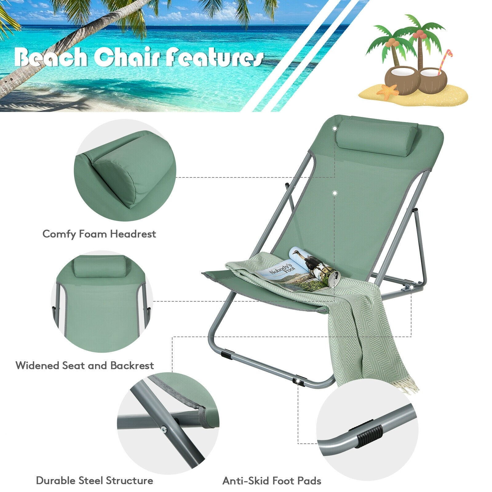 Portable Beach Chair Set of 2 with Headrest -Green