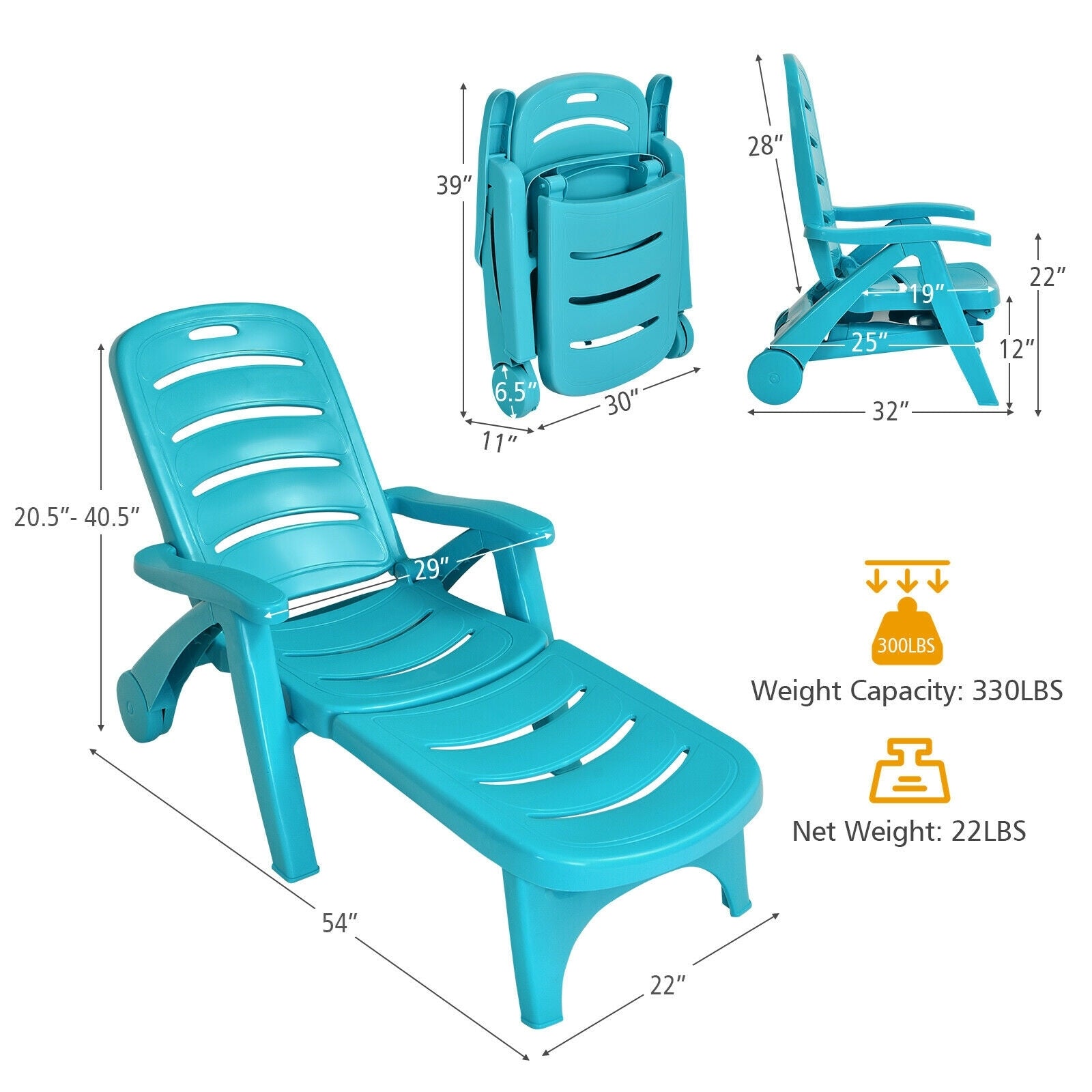 5 Position Adjustable Folding Lounger Chaise Chair on Wheels-Turquoise