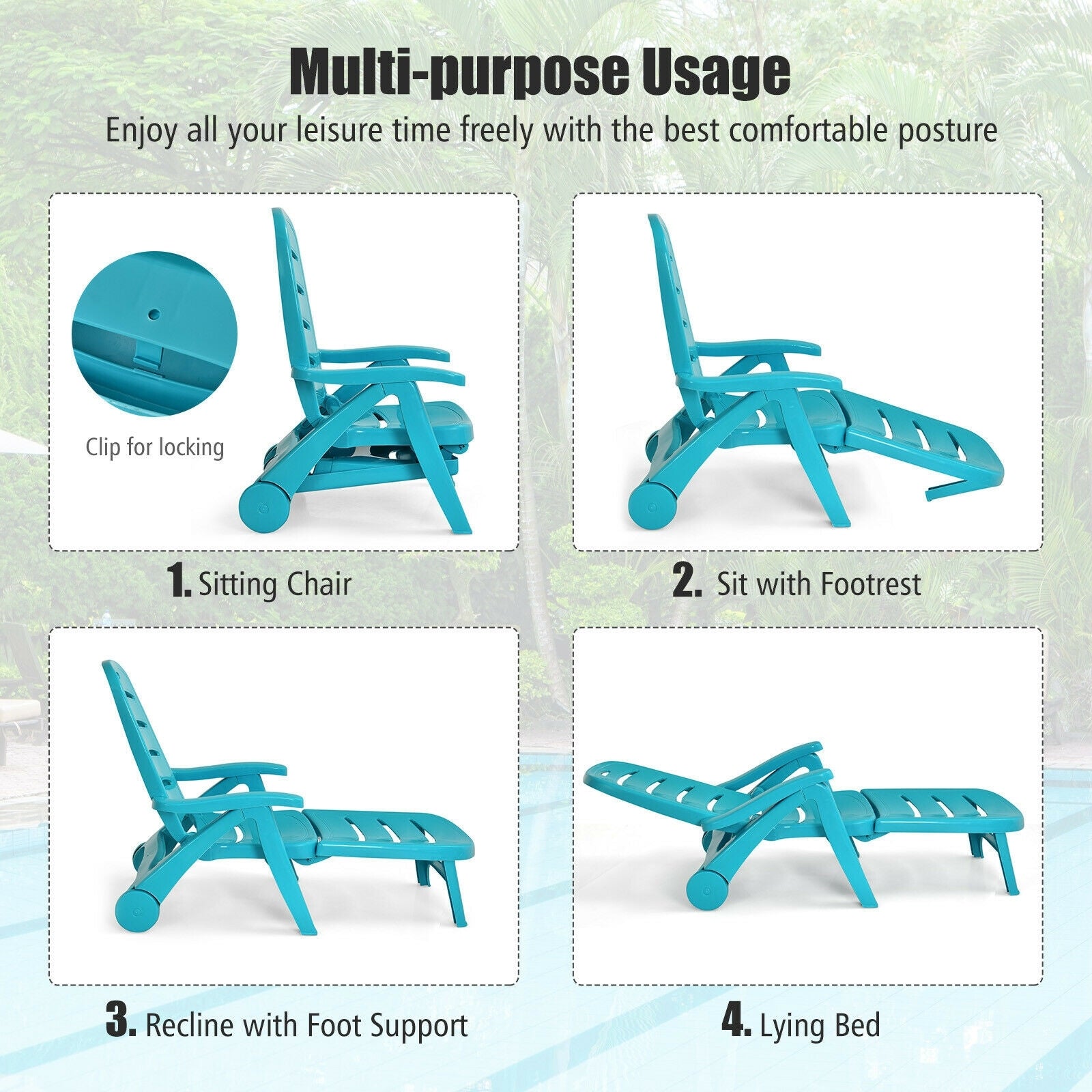 5 Position Adjustable Folding Lounger Chaise Chair on Wheels-Turquoise