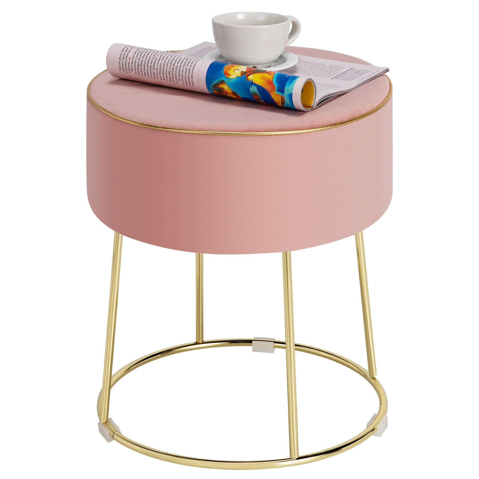 Round Velvet Footrest Stool Ottoman with Non-Slip Foot Pads for Bedside-Pink