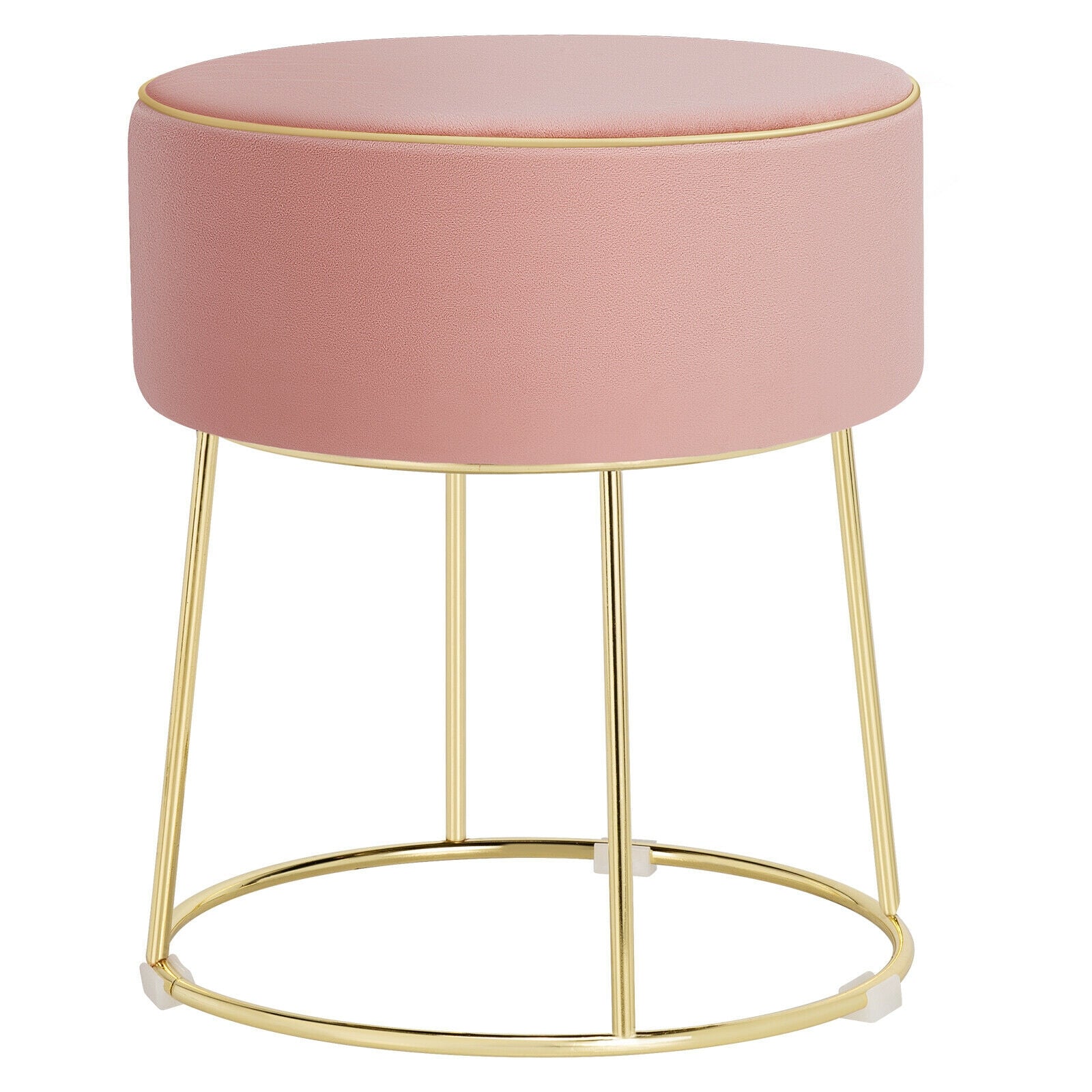 Round Velvet Footrest Stool Ottoman with Non-Slip Foot Pads for Bedside-Pink