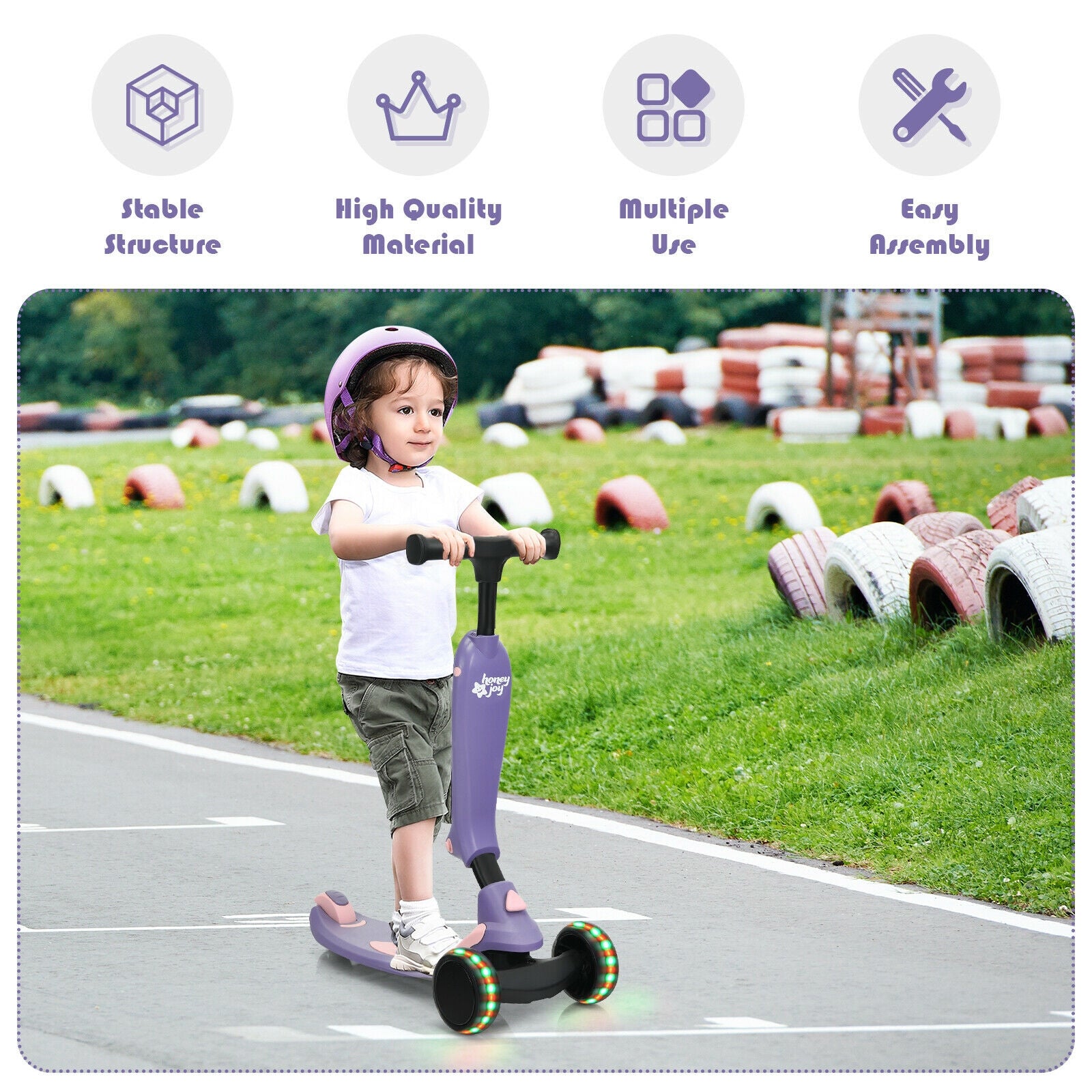 2-in-1 Kids Kick Scooter with Flash Wheels for Girls and Boys from 1.5 to 6 Years Old-Purple