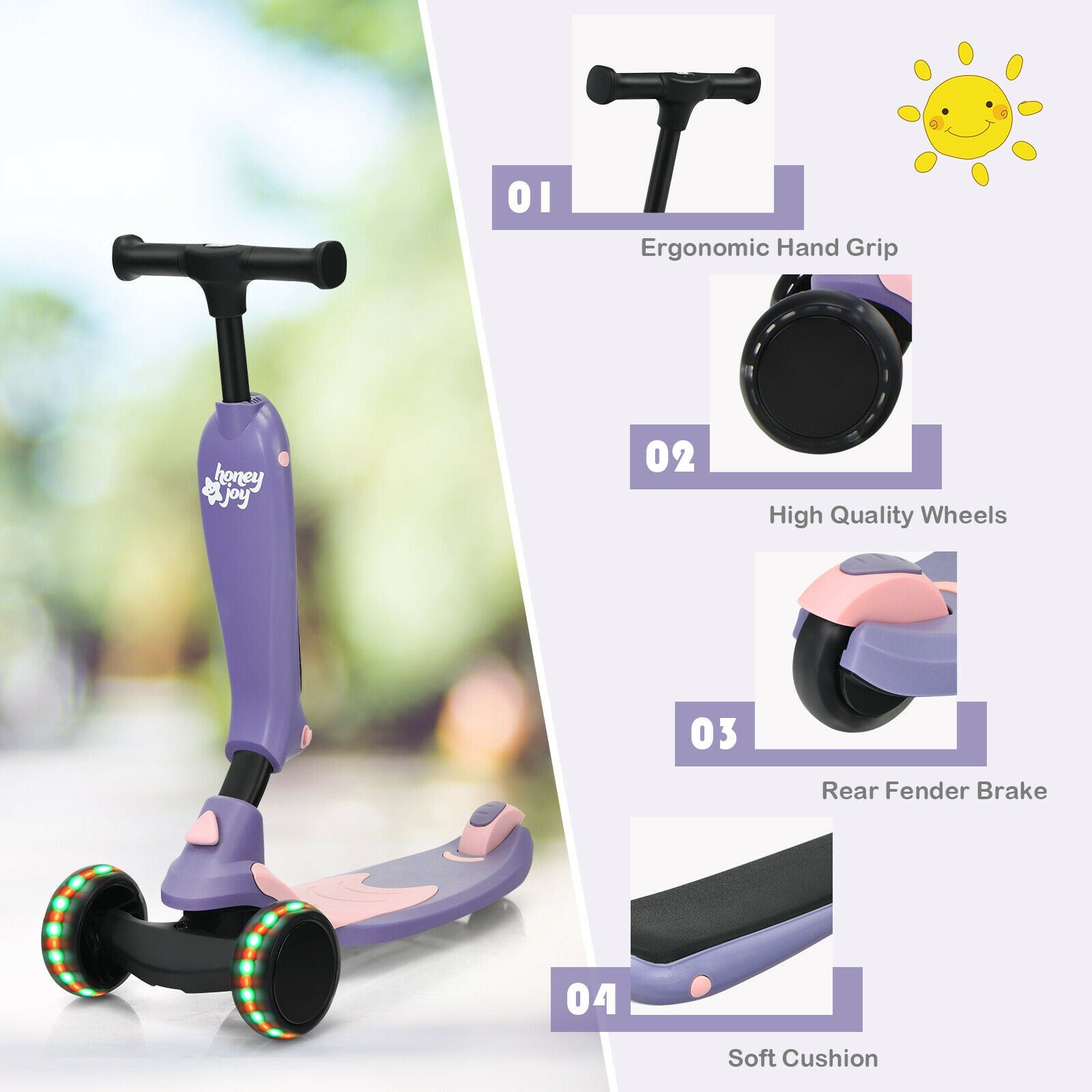 2-in-1 Kids Kick Scooter with Flash Wheels for Girls and Boys from 1.5 to 6 Years Old-Purple