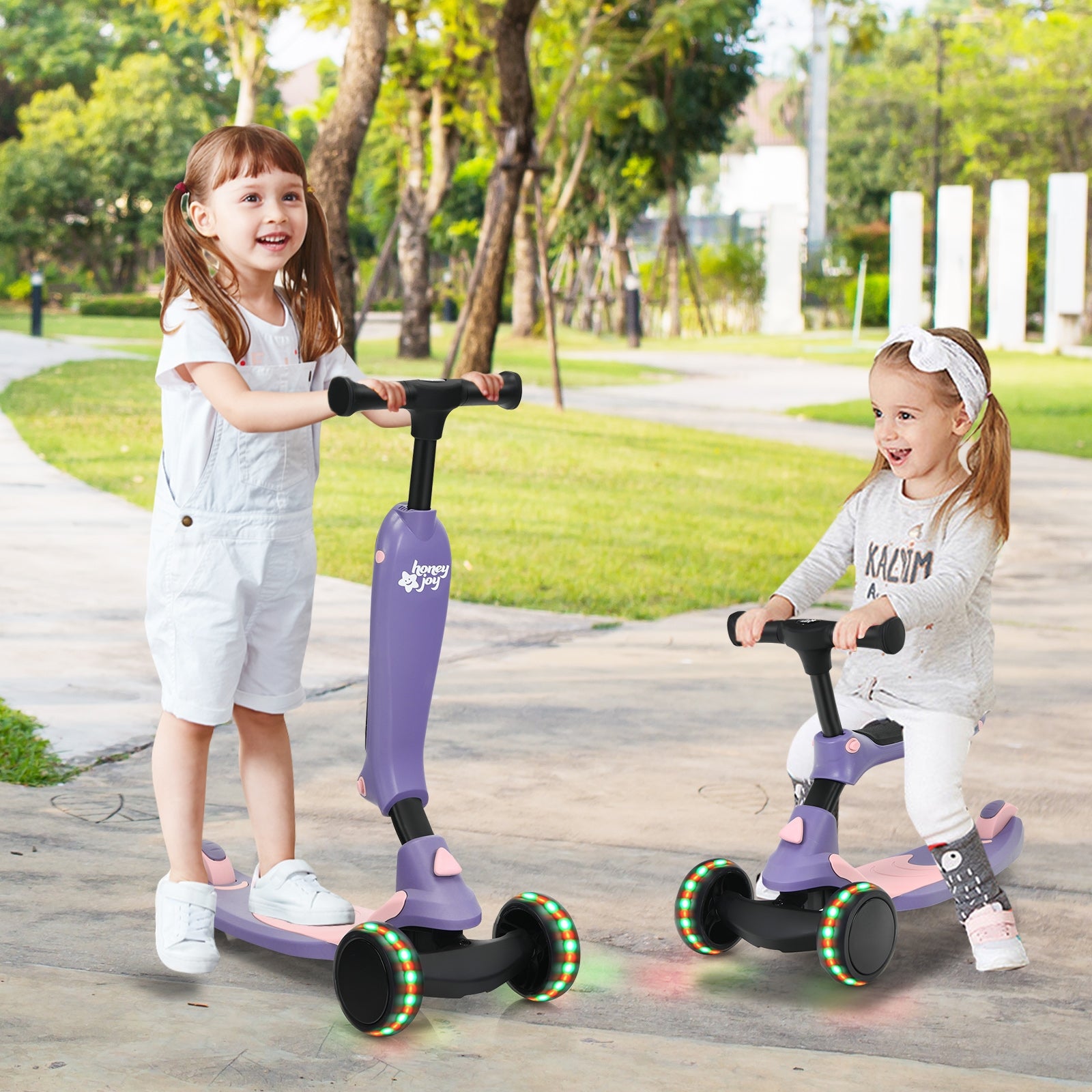 2-in-1 Kids Kick Scooter with Flash Wheels for Girls and Boys from 1.5 to 6 Years Old-Purple