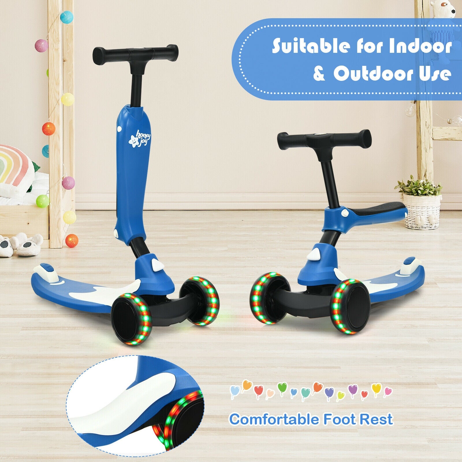 2-in-1 Kids Kick Scooter with Flash Wheels for Girls and Boys from 1.5 to 6 Years Old-Blue