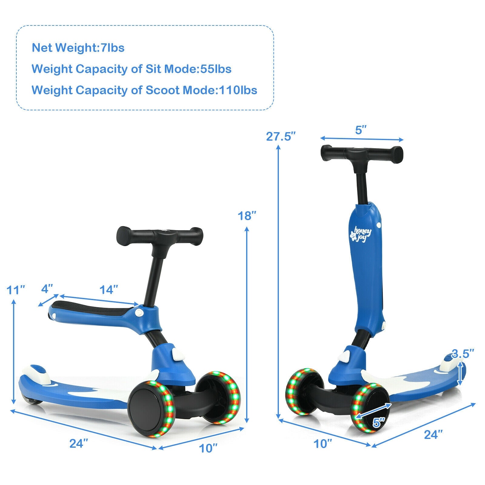 2-in-1 Kids Kick Scooter with Flash Wheels for Girls and Boys from 1.5 to 6 Years Old-Blue