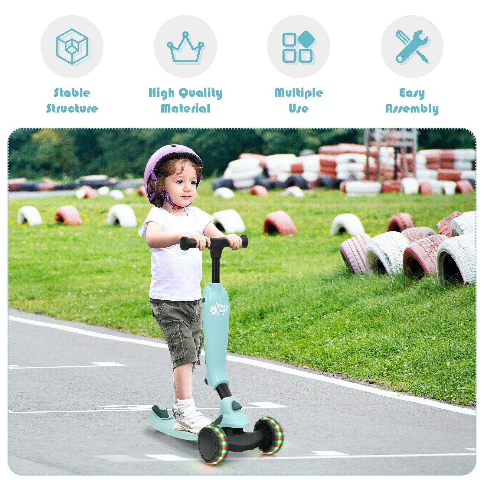 2-in-1 Kids Kick Scooter with Flash Wheels for Girls and Boys from 1.5 to 6 Years Old-Green