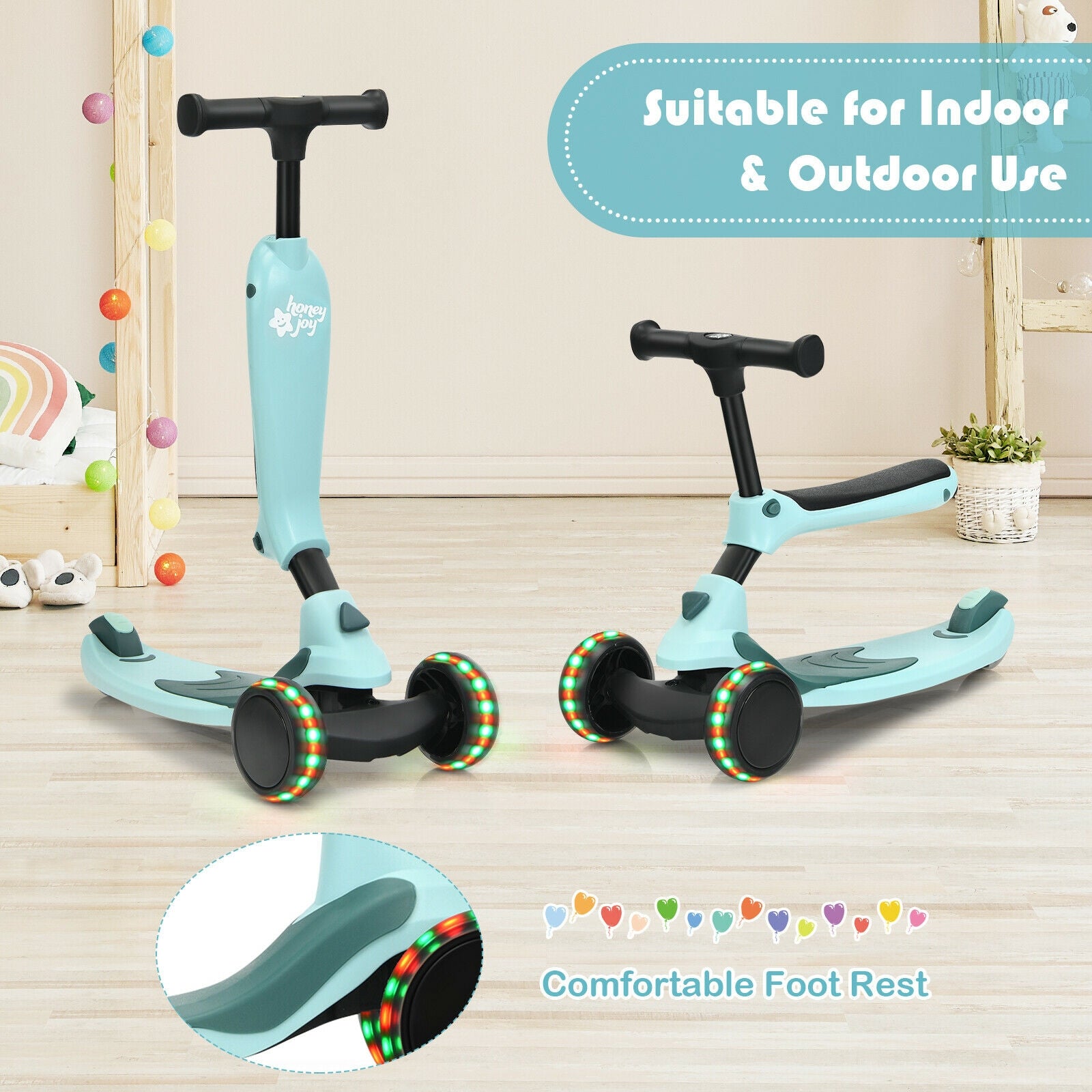 2-in-1 Kids Kick Scooter with Flash Wheels for Girls and Boys from 1.5 to 6 Years Old-Green