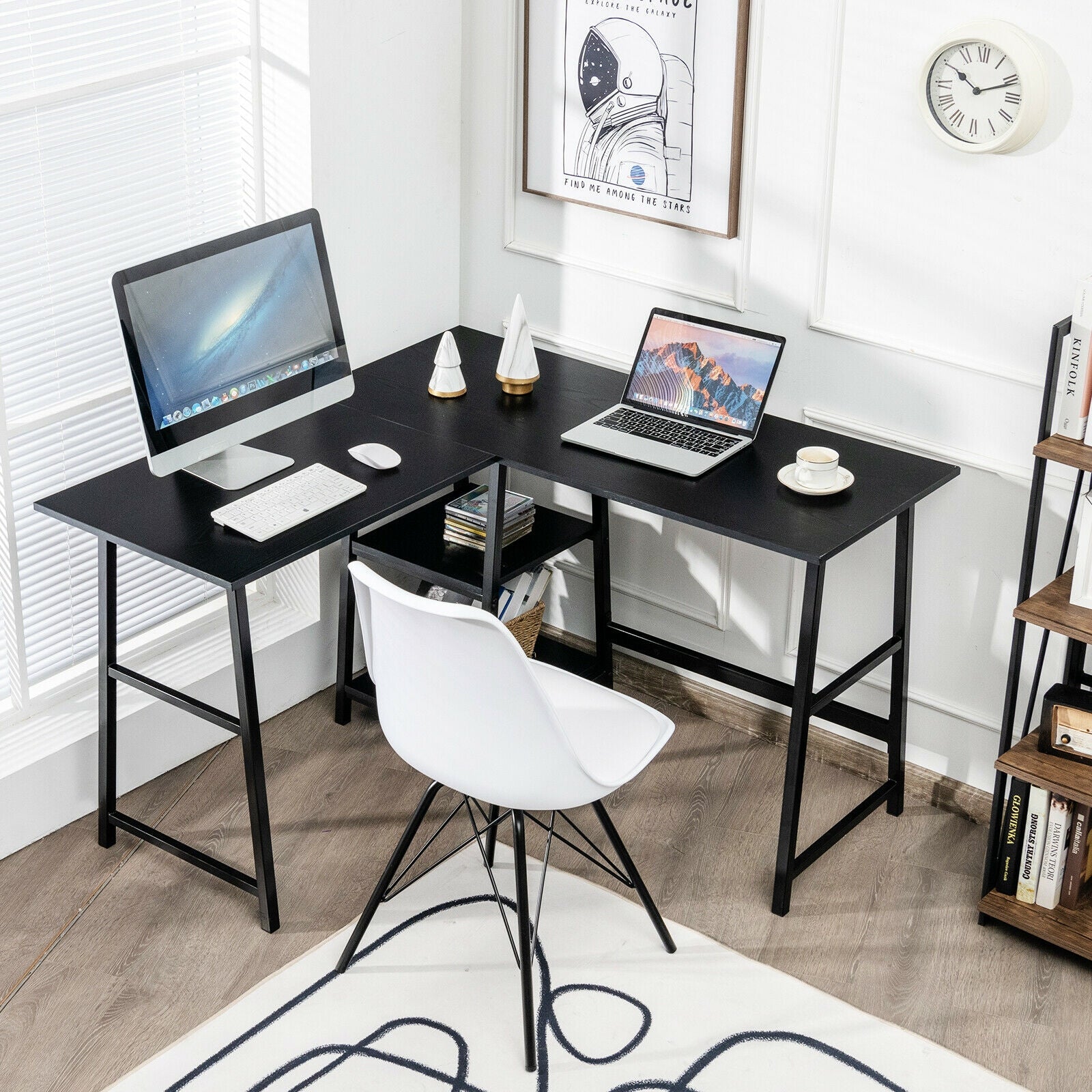 L Shaped Corner Computer Desk with Storage Shelves-Black