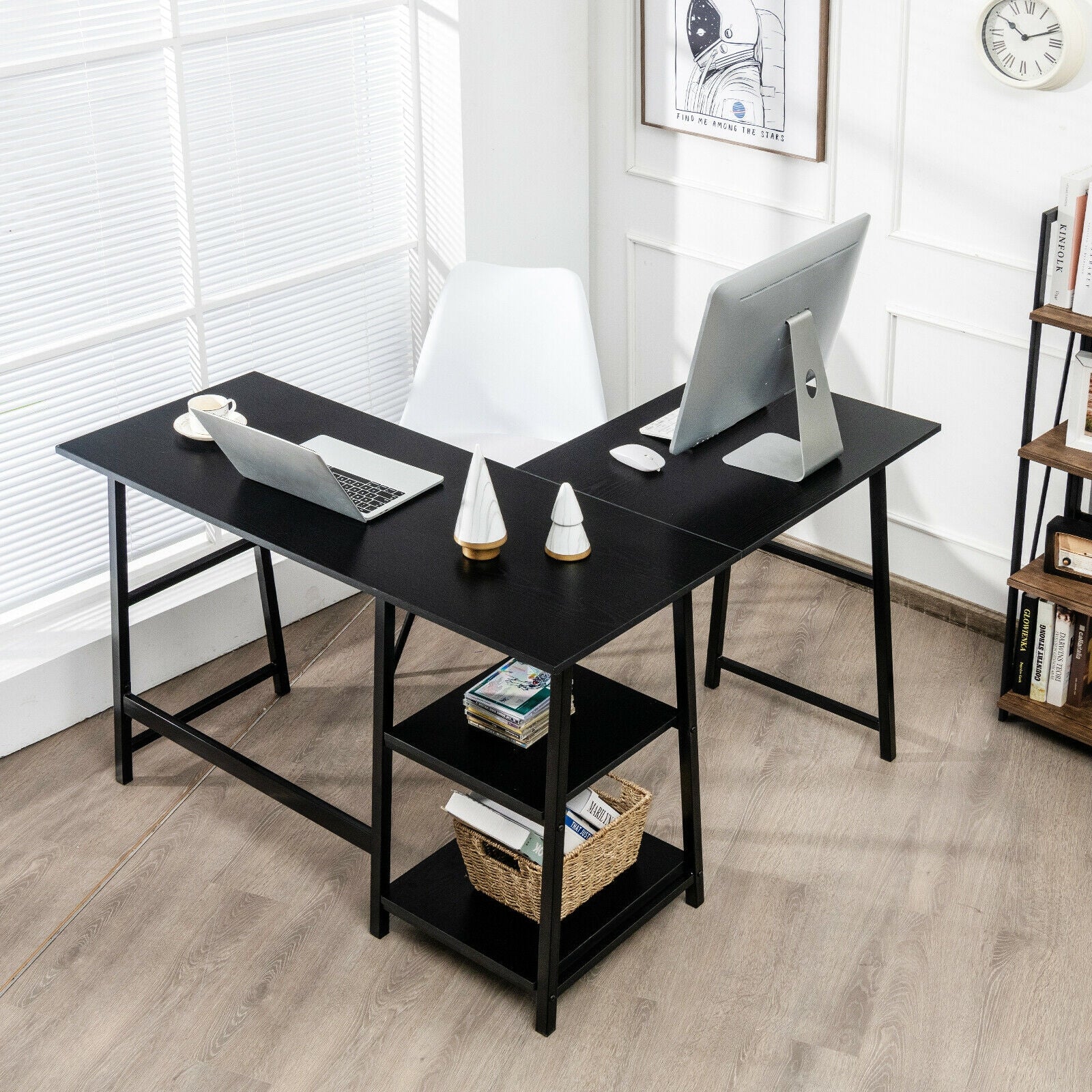 L Shaped Corner Computer Desk with Storage Shelves-Black