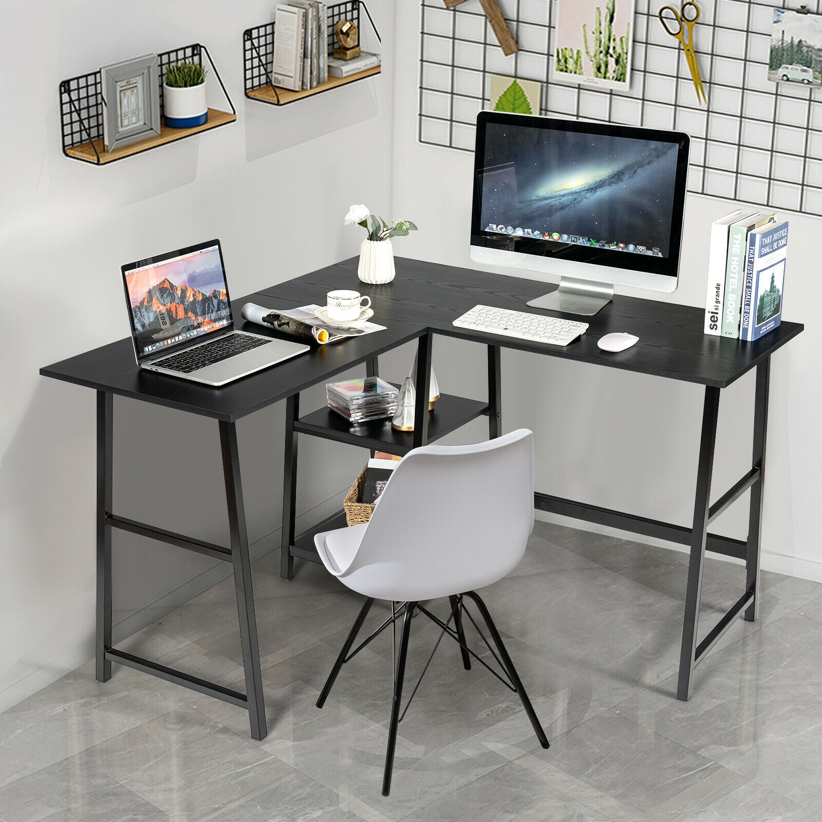 L Shaped Corner Computer Desk with Storage Shelves-BlackÂ 