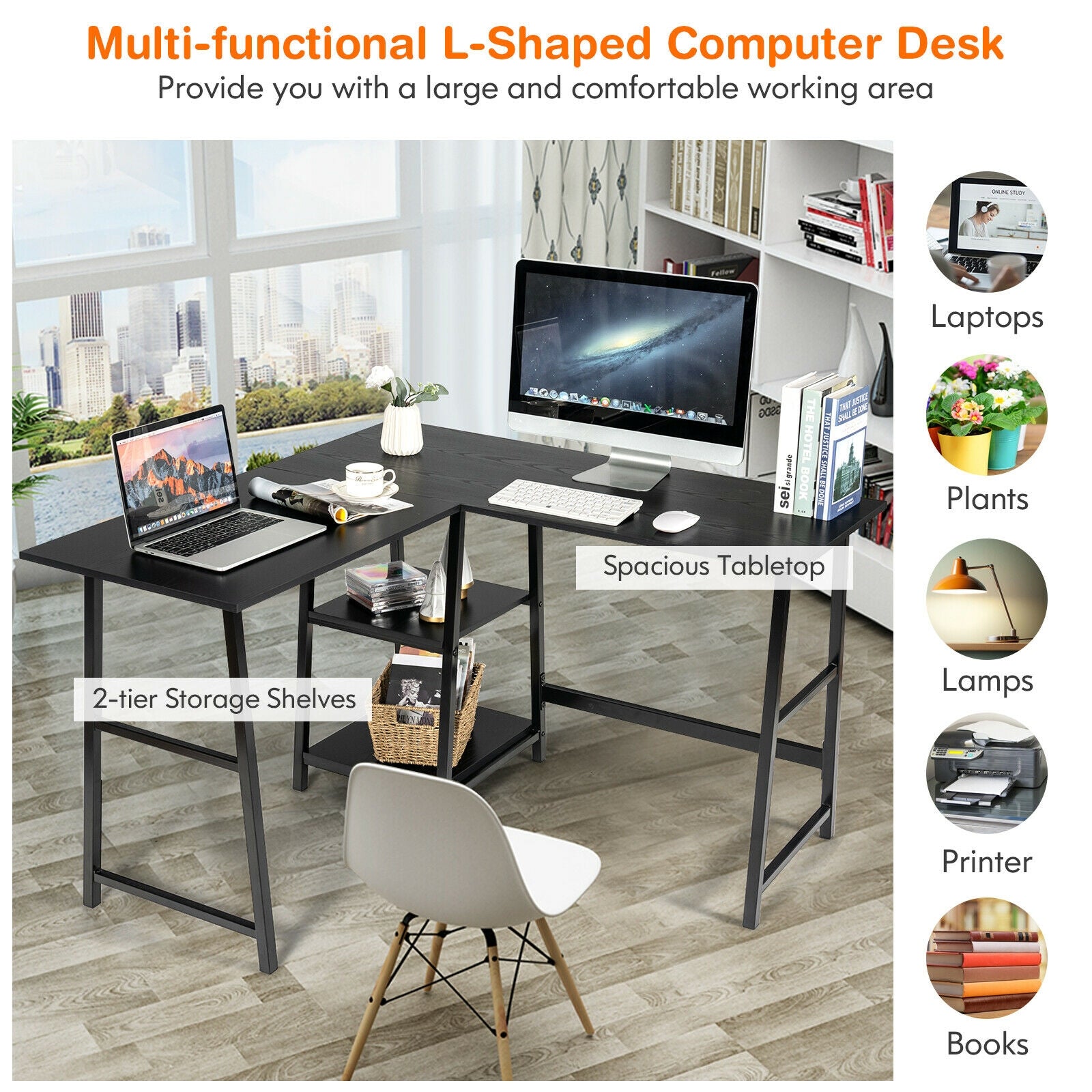 L Shaped Corner Computer Desk with Storage Shelves-Black