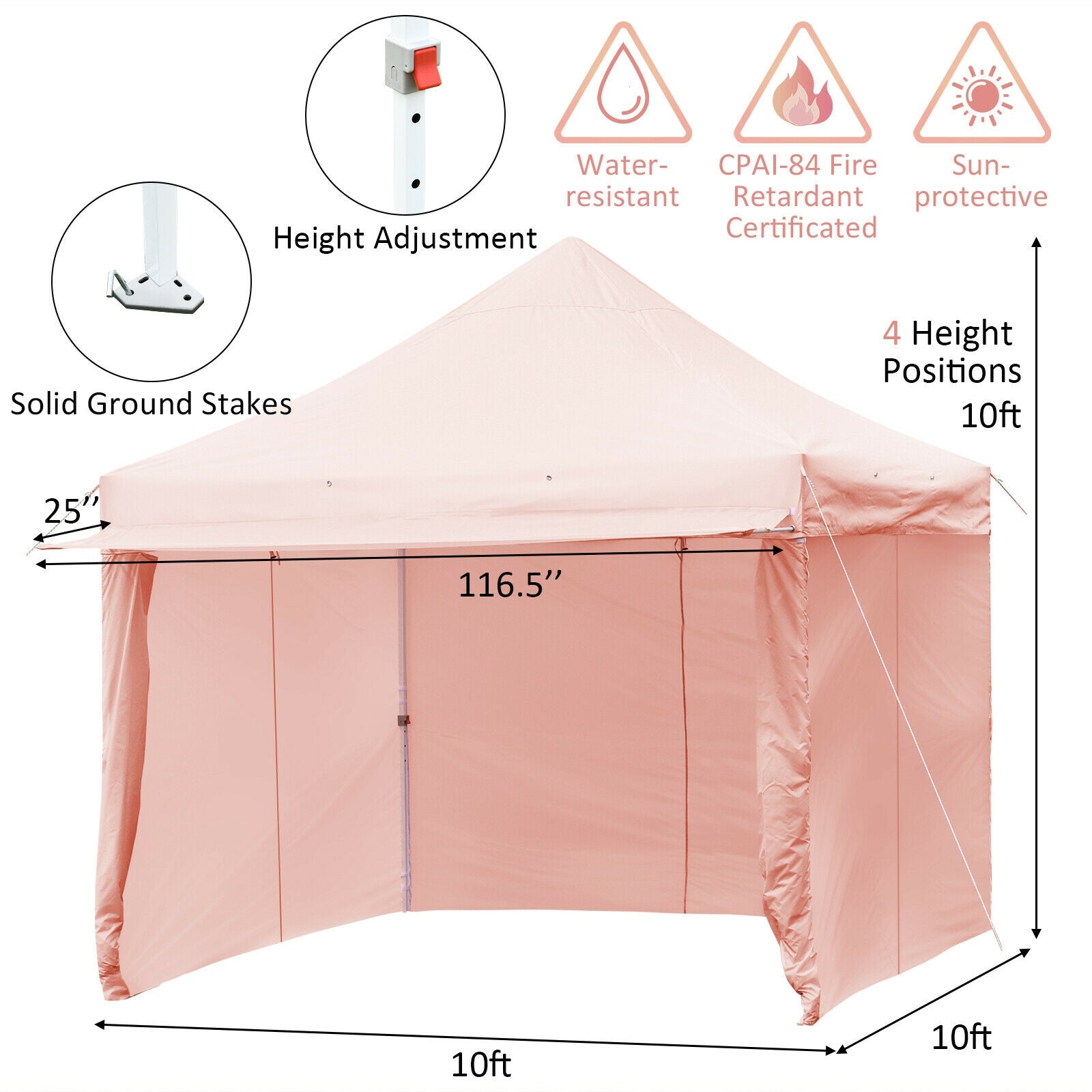 10 x 10 Feet Pop up Gazebo with 4 Height and Adjust Folding Awning-Pink