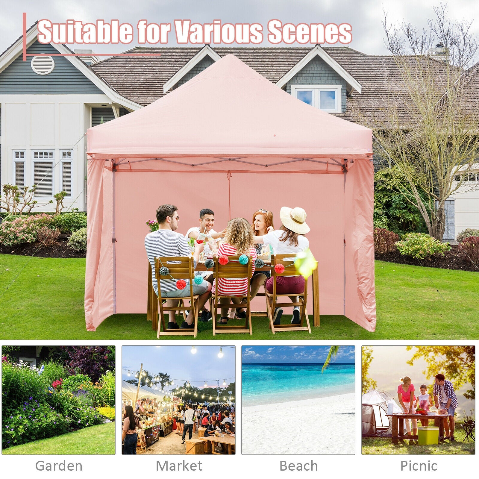 10 x 10 Feet Pop up Gazebo with 4 Height and Adjust Folding Awning-Pink