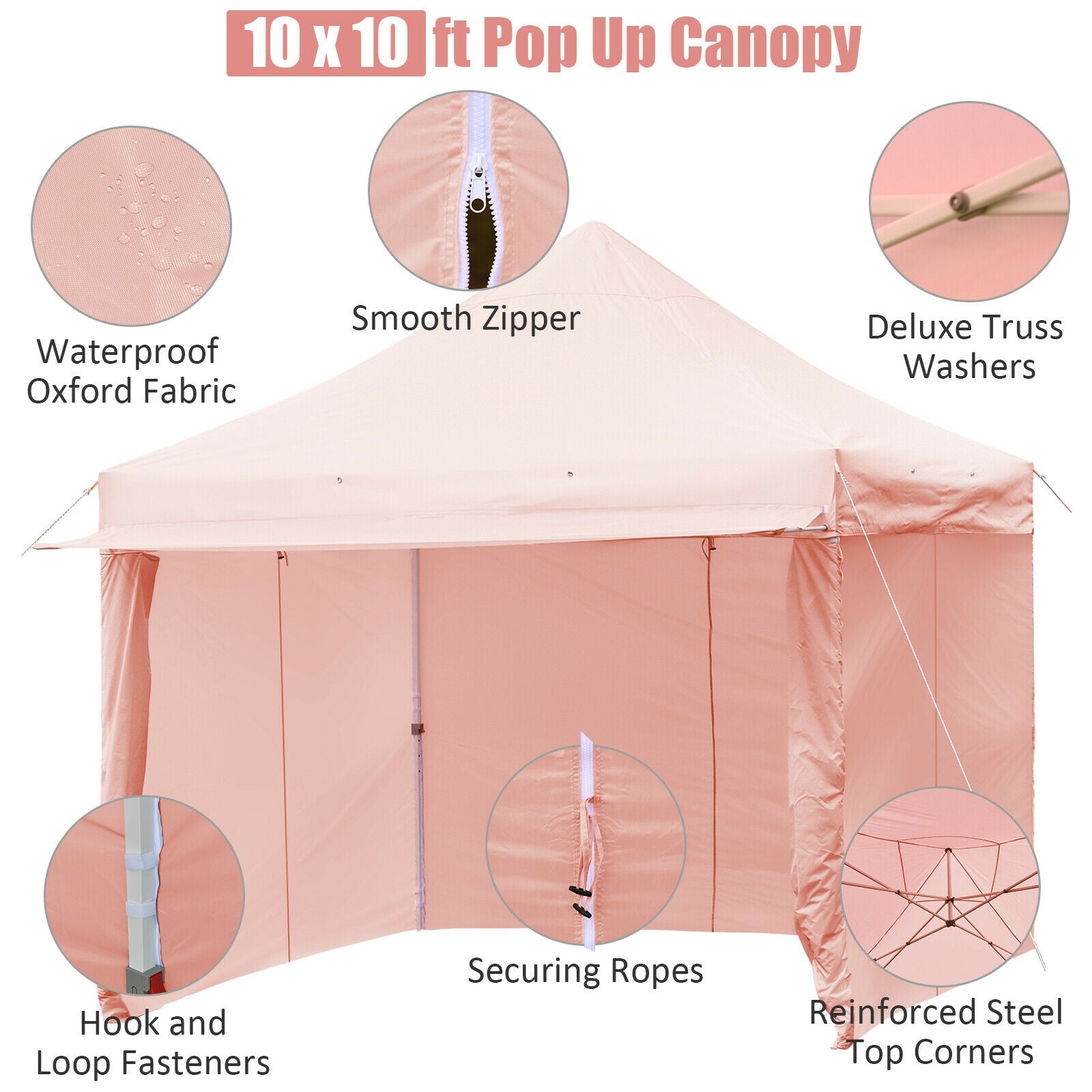 10 x 10 Feet Pop up Gazebo with 4 Height and Adjust Folding Awning-Pink