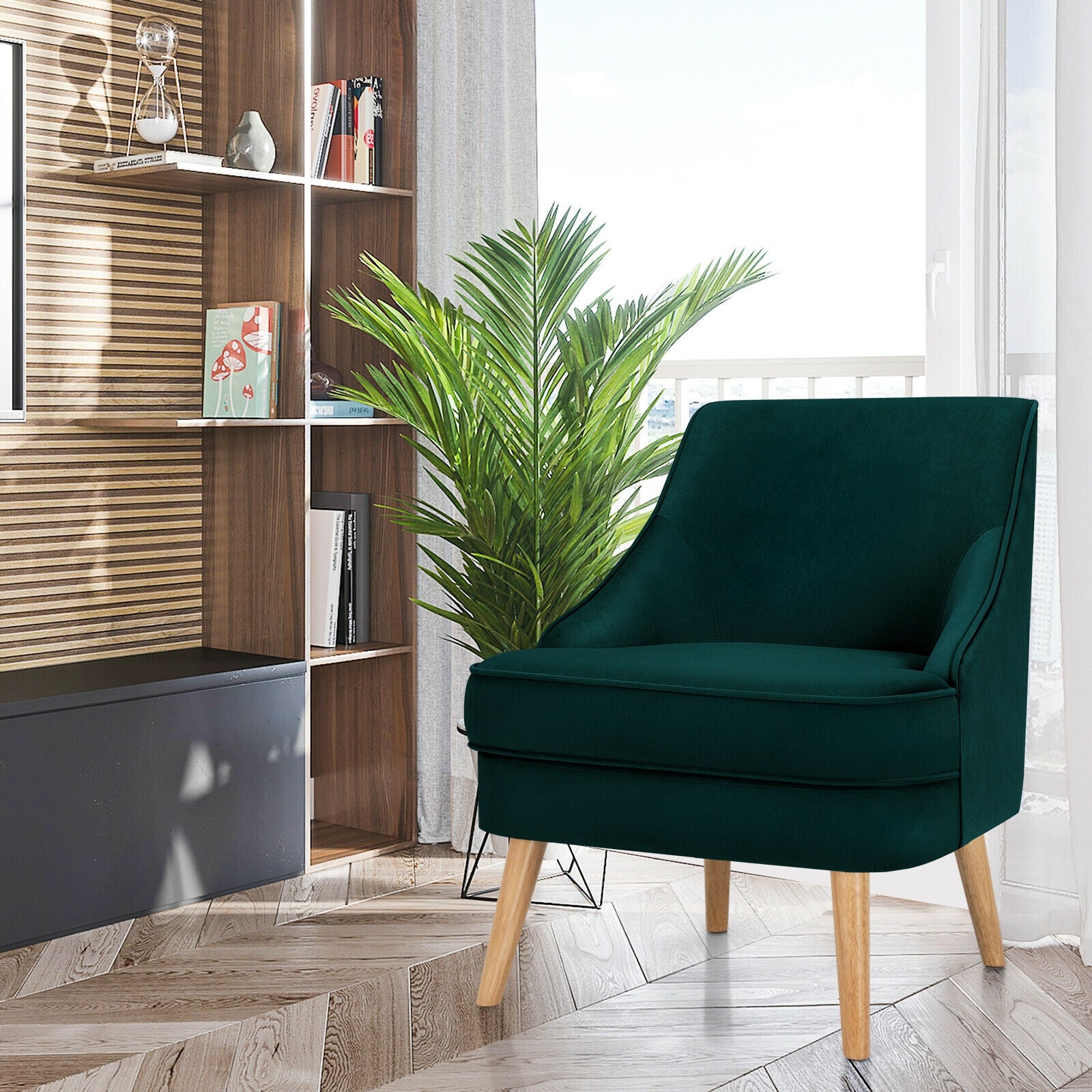 Mid Century Velvet Accent Chair with Rubber Wood Legs for Bedroom-GreenÂ 