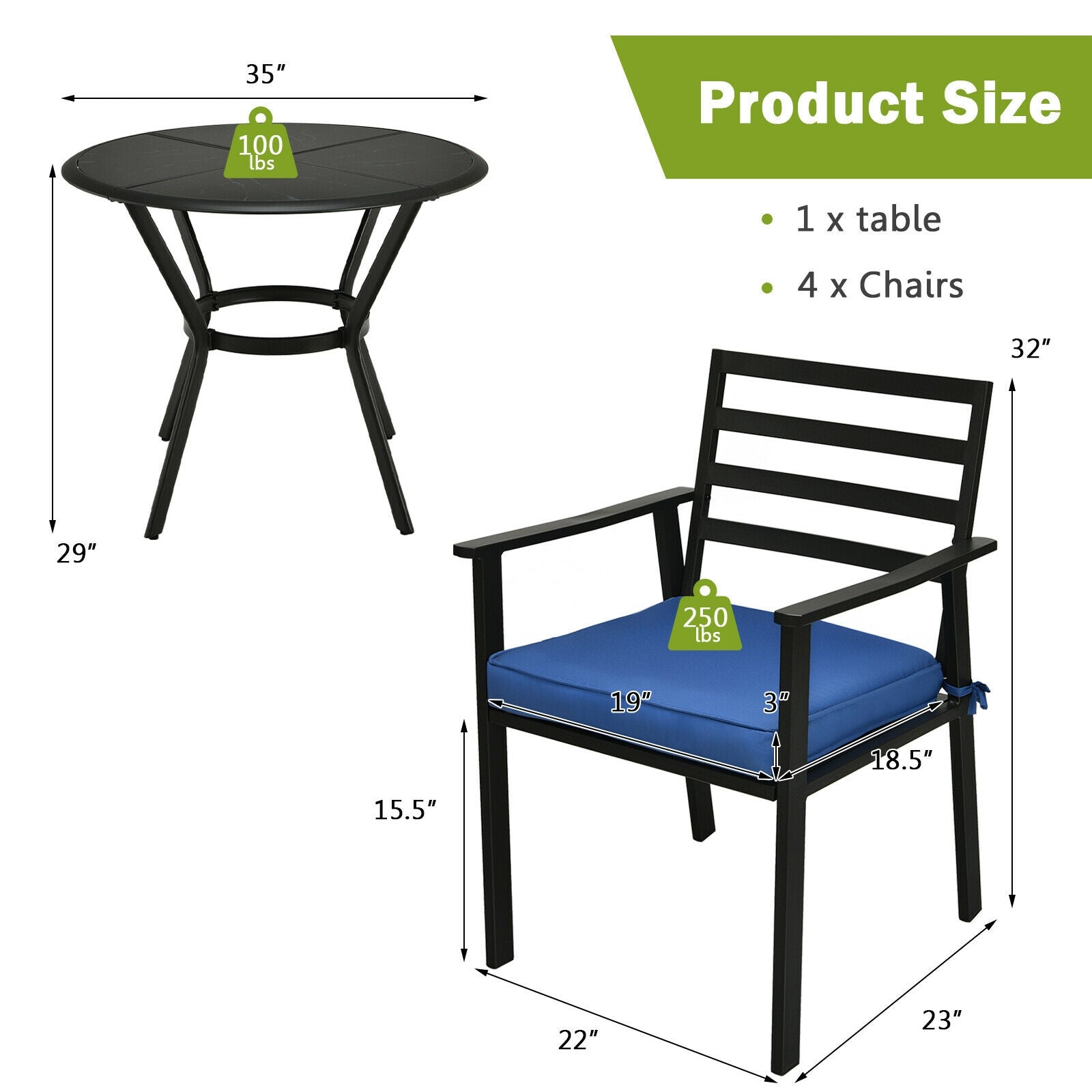 5 Pieces Outdoor Patio Dining Chair Table Set with Cushions