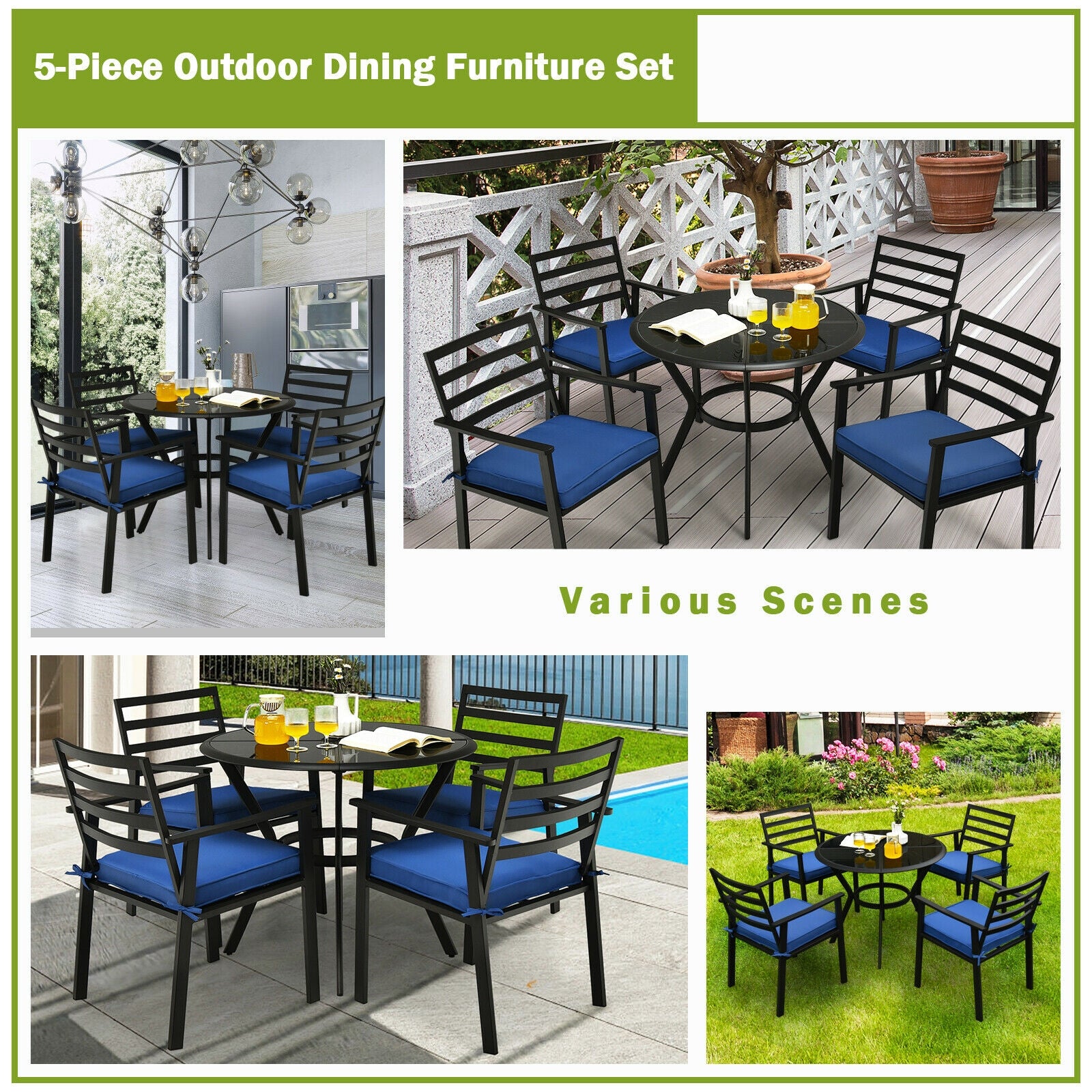 5 Pieces Outdoor Patio Dining Chair Table Set with Cushions