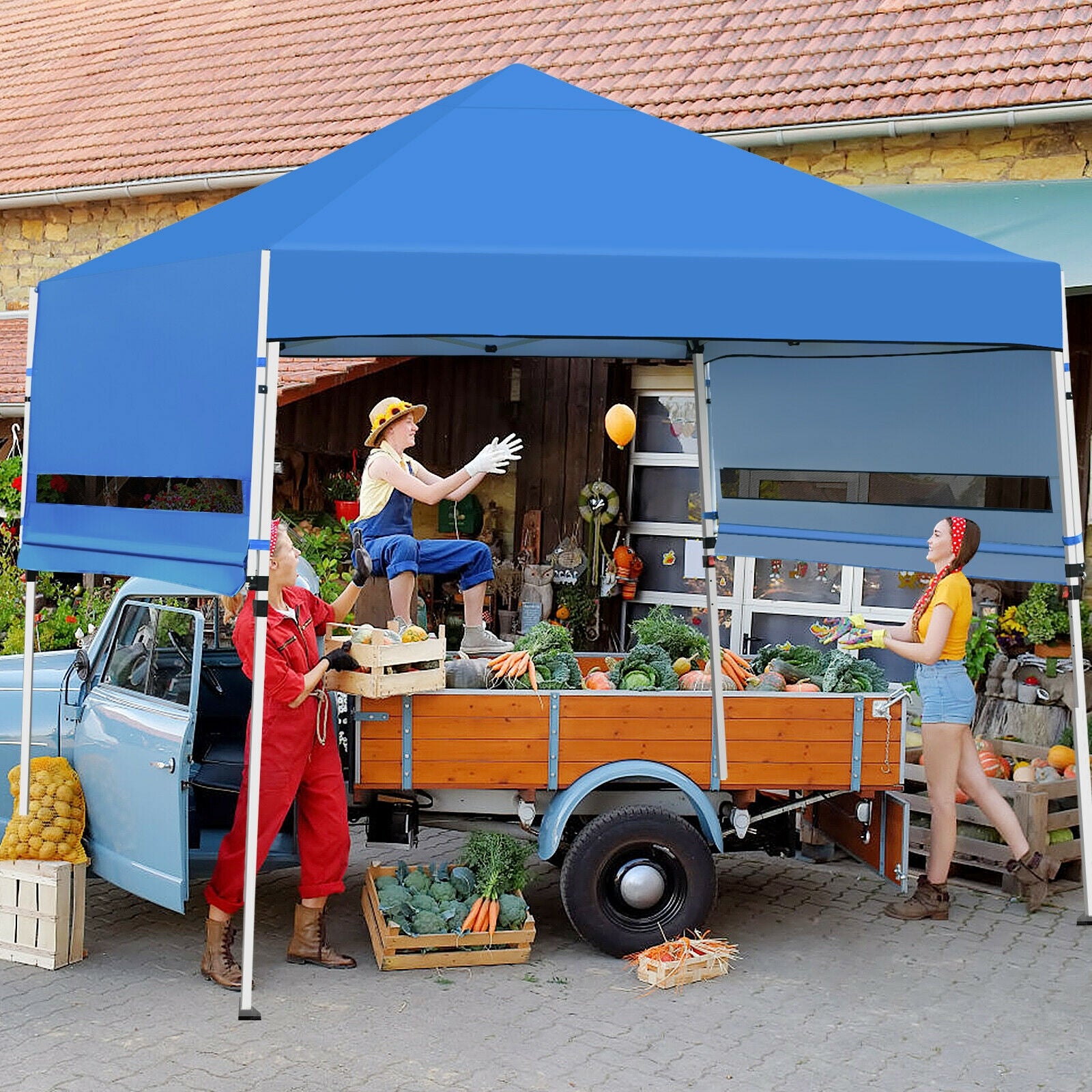 17 Feet x 10 Feet Foldable Pop Up Canopy with Adjustable Instant Sun Shelter-Blue