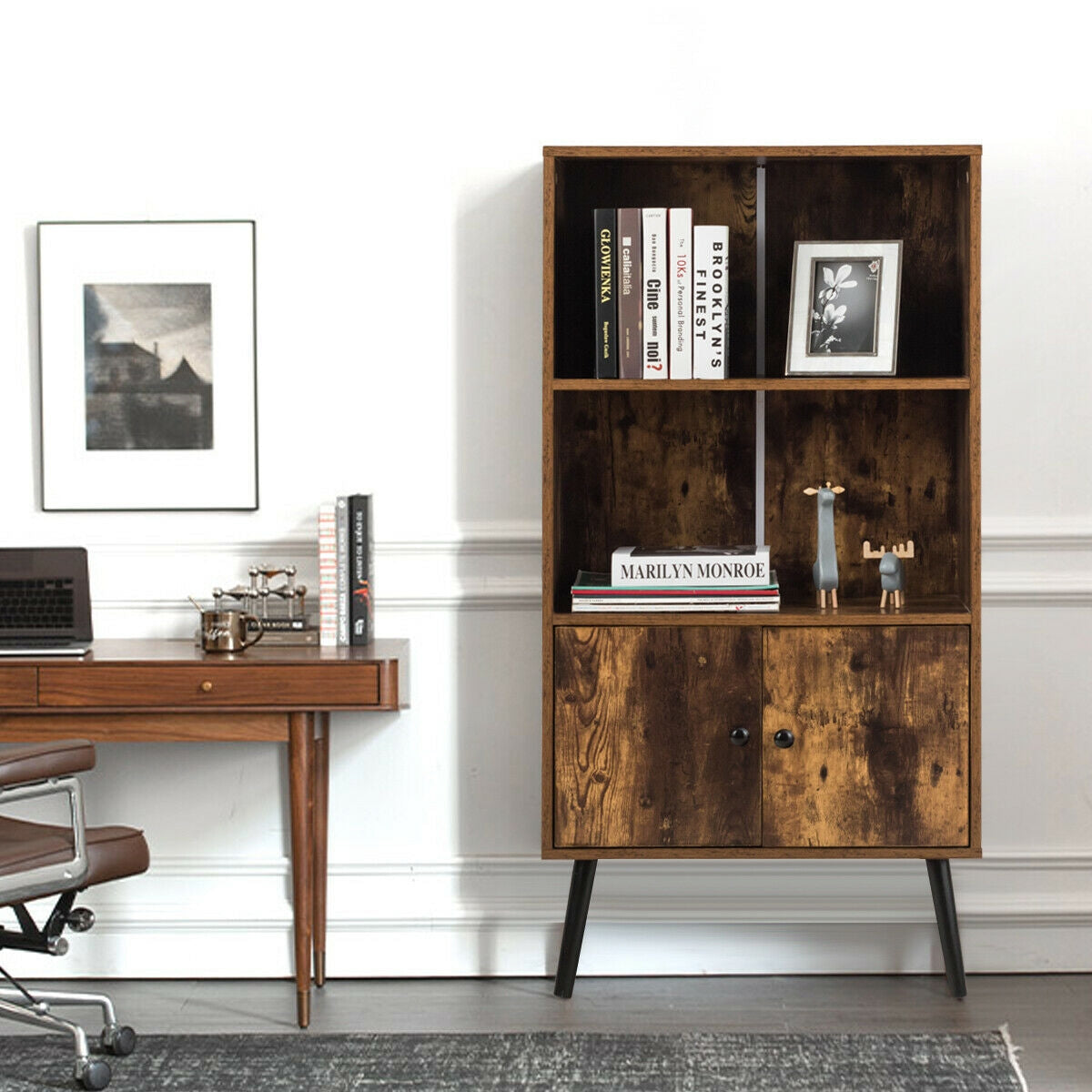 2-Tier Retro Bookcase Bookshelf with 3 Compartment-Coffee