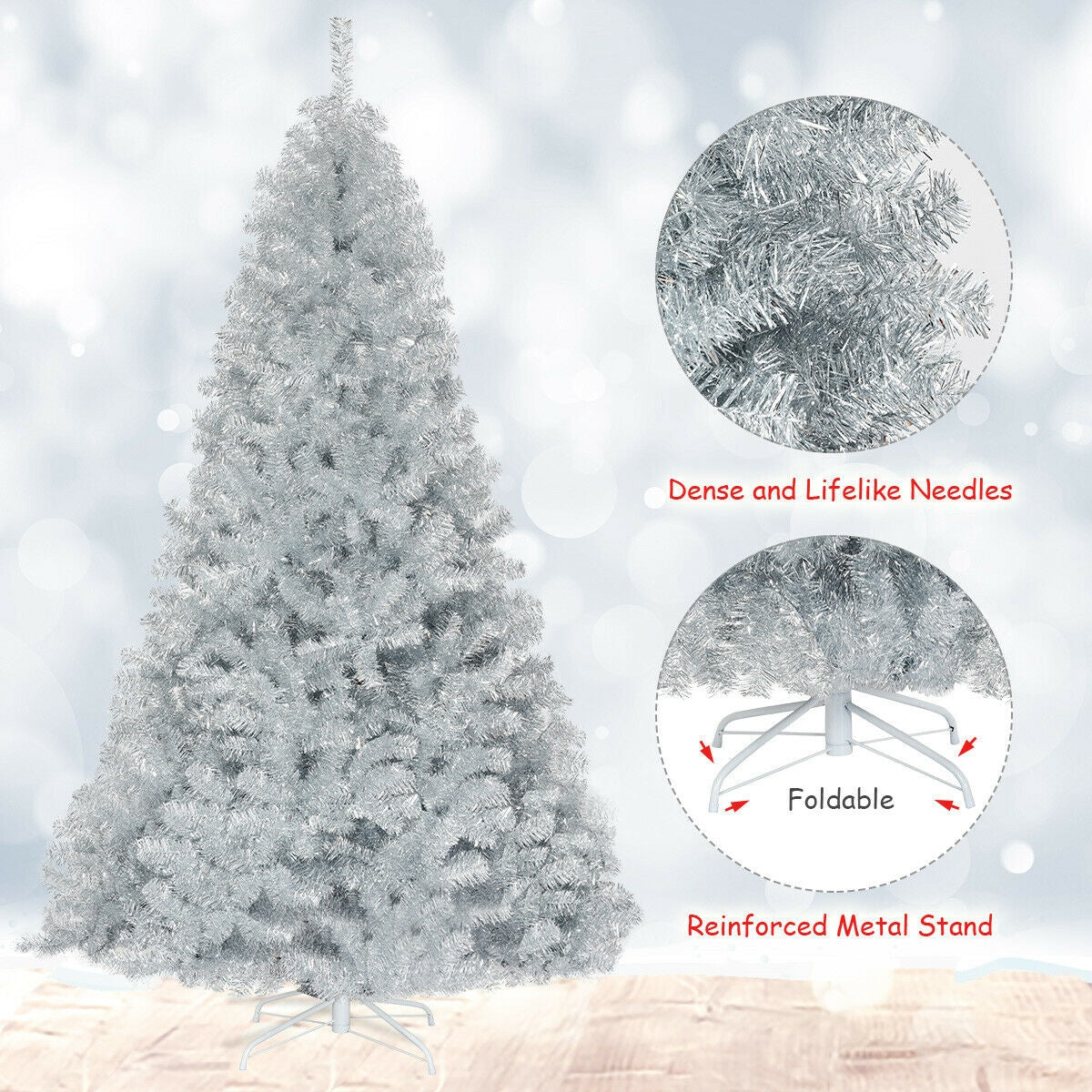 7.5 Feet Hinged Unlit Artificial Silver Tinsel Christmas Tree