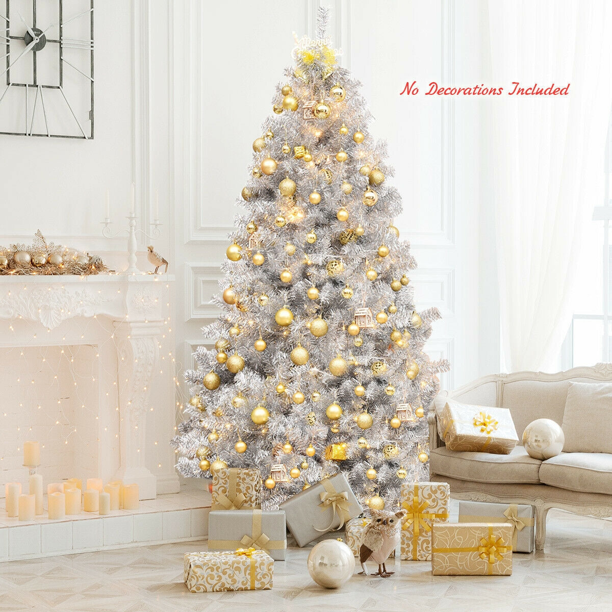 7.5 Feet Hinged Unlit Artificial Silver Tinsel Christmas Tree