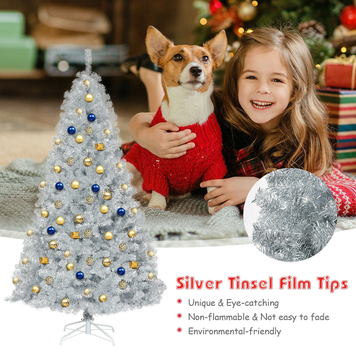 7.5 Feet Hinged Unlit Artificial Silver Tinsel Christmas Tree