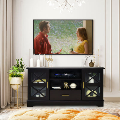 Wood TV Stand with 2 Glass Door Cabinets and 2-Tier Adjustable Shelves-BrownÂ 