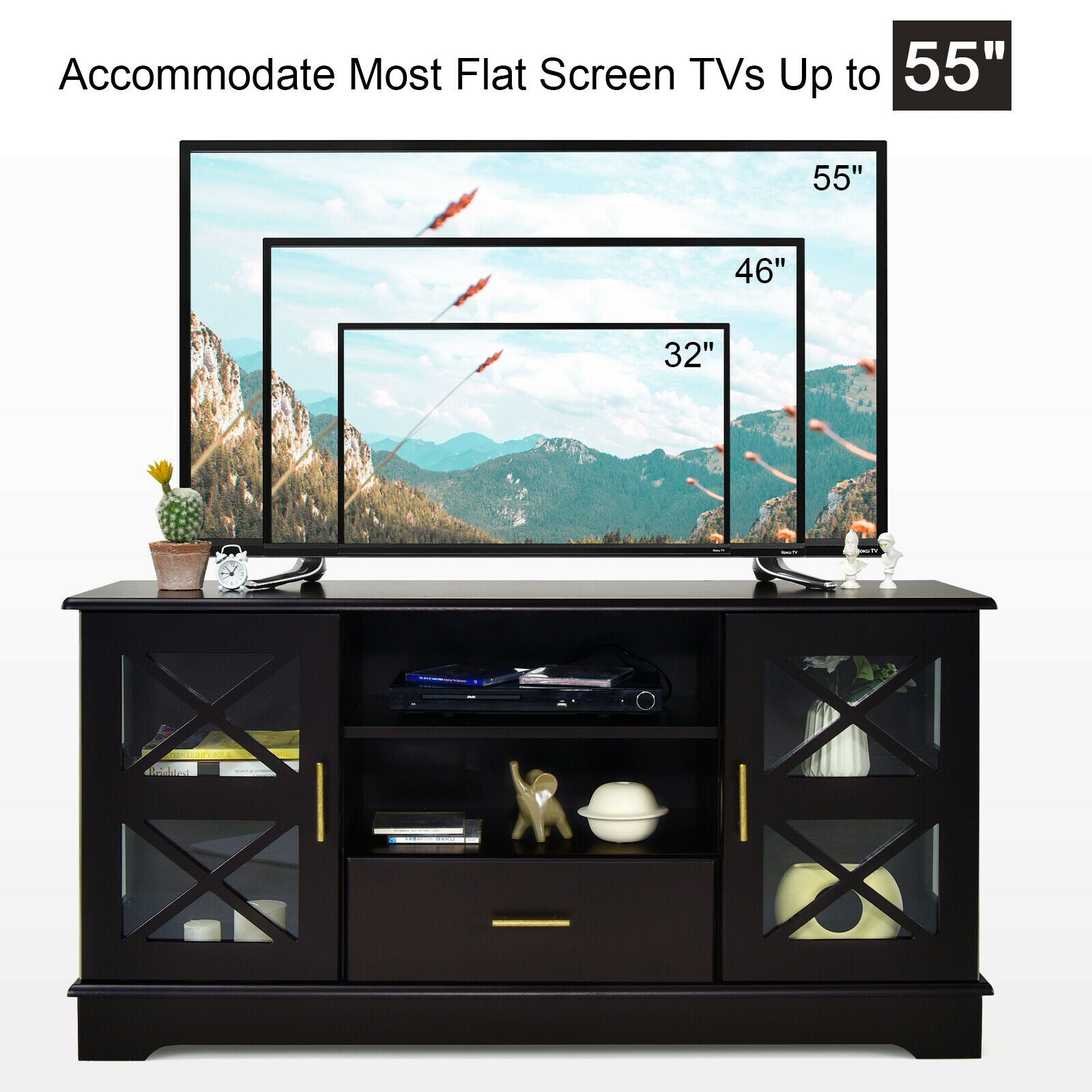 Wood TV Stand with 2 Glass Door Cabinets and 2-Tier Adjustable Shelves-Brown